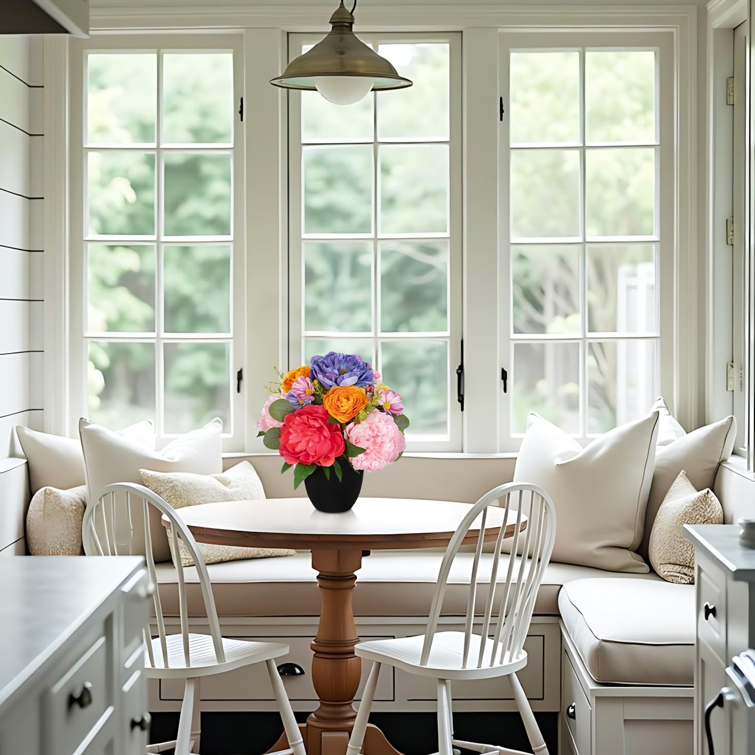 Artificial Peonies Flower in Modern Black Pot, Farmhouse Table Floral Arrange…