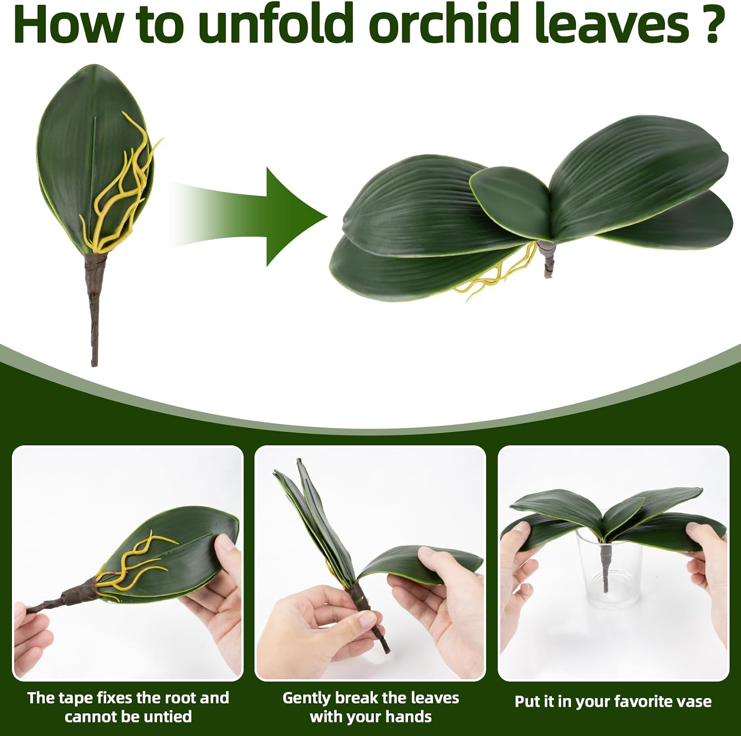 3PCS Artificial Orchids Leaves – Lifelike Fake Phalaenopsis Orchids Leaves with