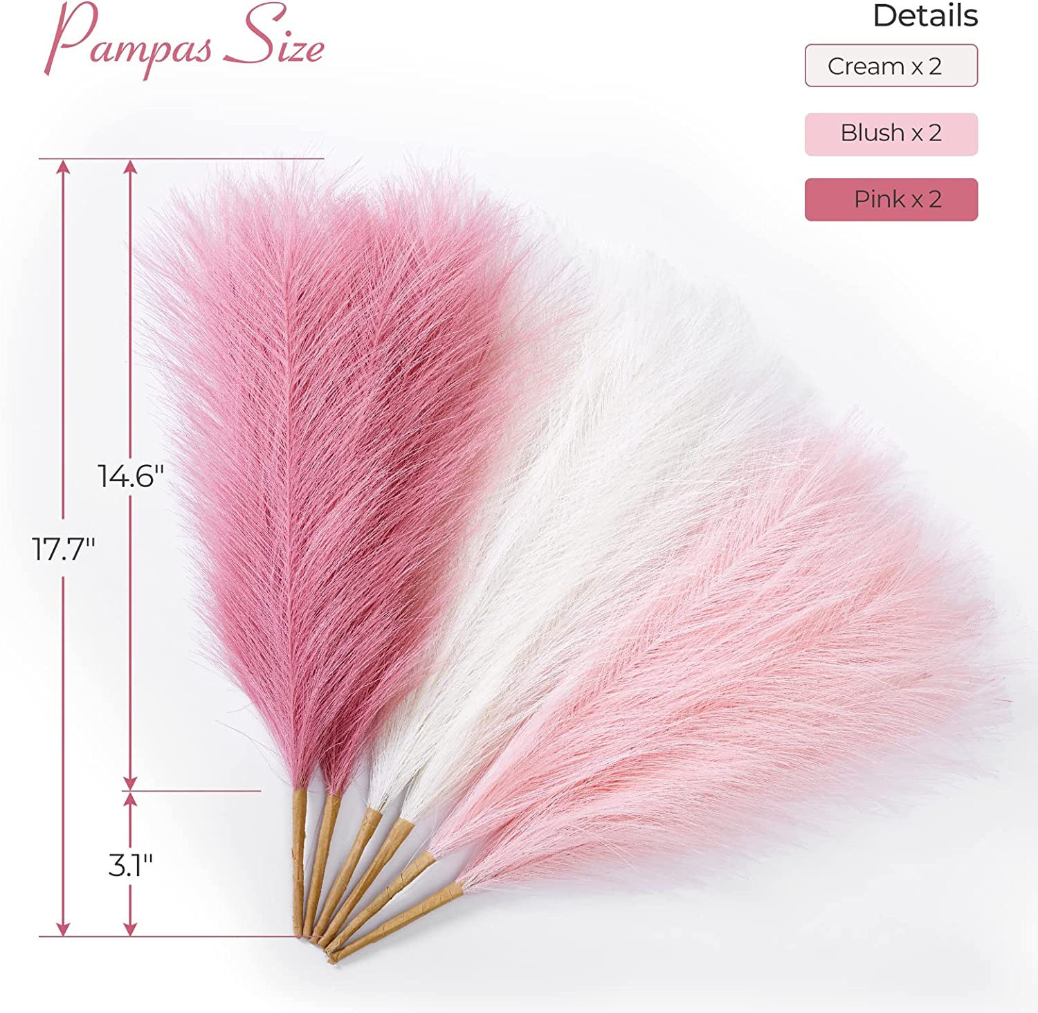 Pampas Grass Pink Decor 17.7 Inch 6Pcs, Faux Pampas Grass Home Decor, Artificial
