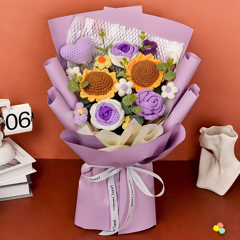 Completed Hand Knitted Crochet Flowers Bouquet Sunflower Daisy Lily Tulips Carna