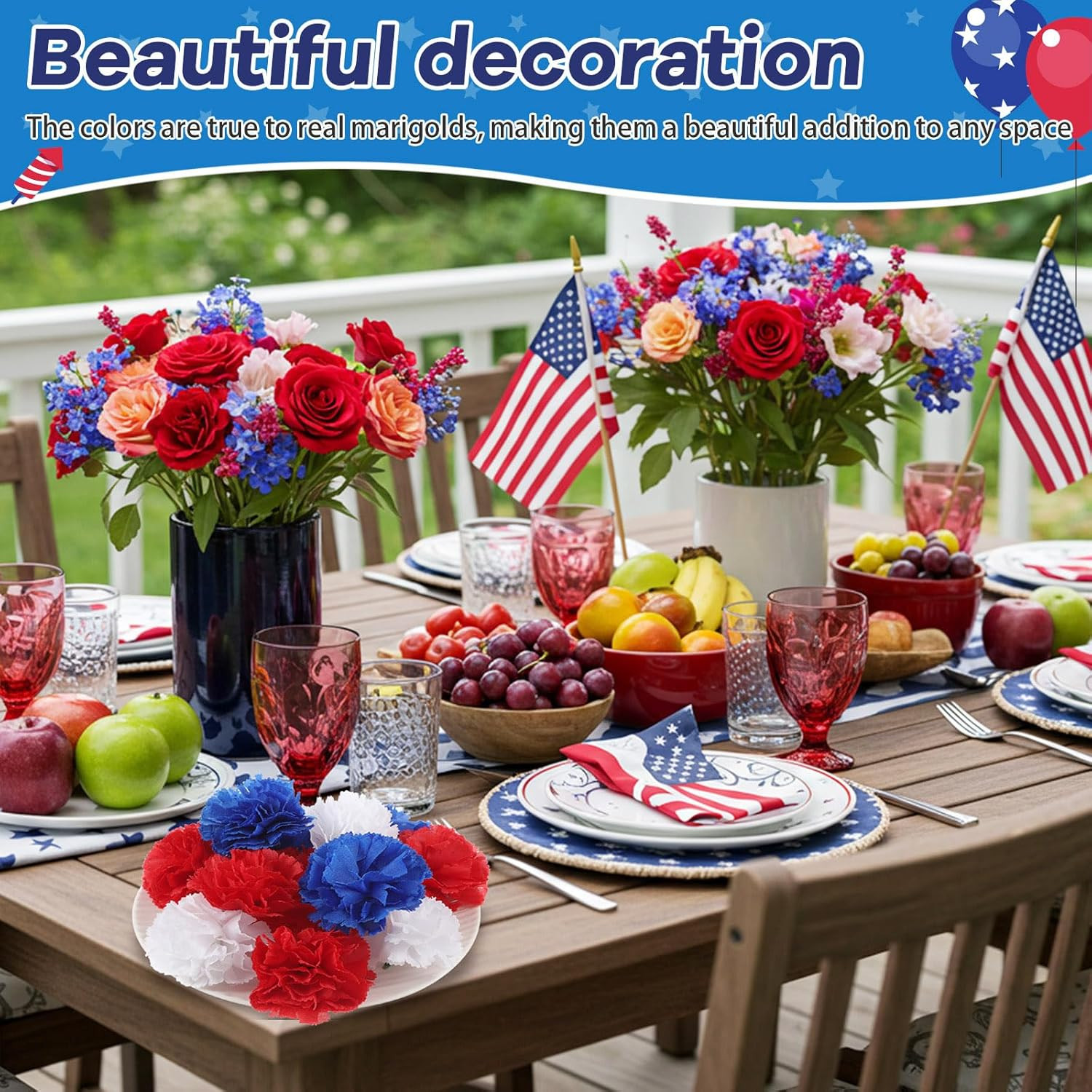 50 Pcs 4Th of July Marigold Flower Bulk Red White and Blue Flowers Memorial Day