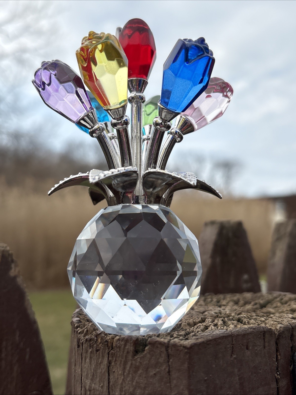 Colorful Rose Flower Crystal Figurines with Vase, Bouquet Flowers Ornament
