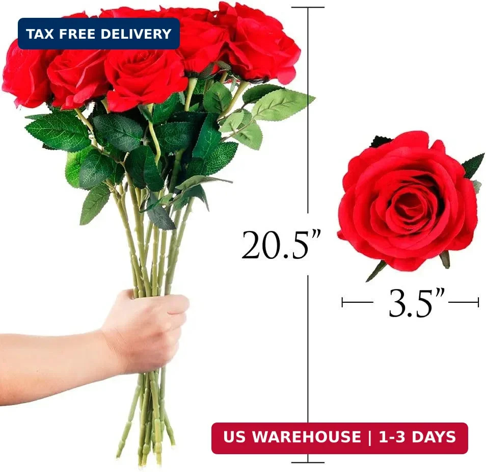 Mocoosy 12PCS Red Roses Artificial Flowers, Fake Roses with Long Stems Realistic