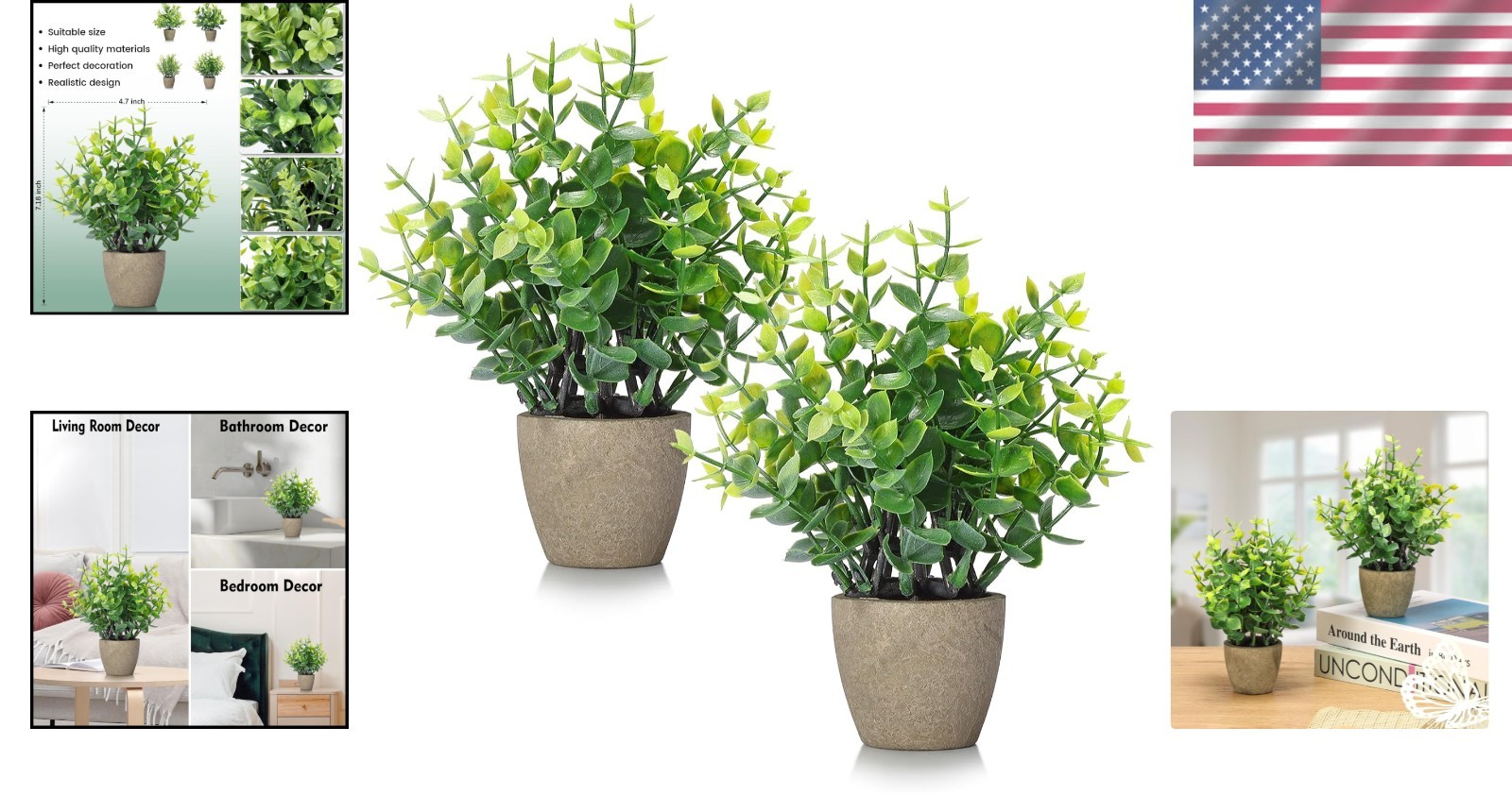 Chic 2 Pack of Mini Artificial Greenery Potted Eucalyptus for Office and Home