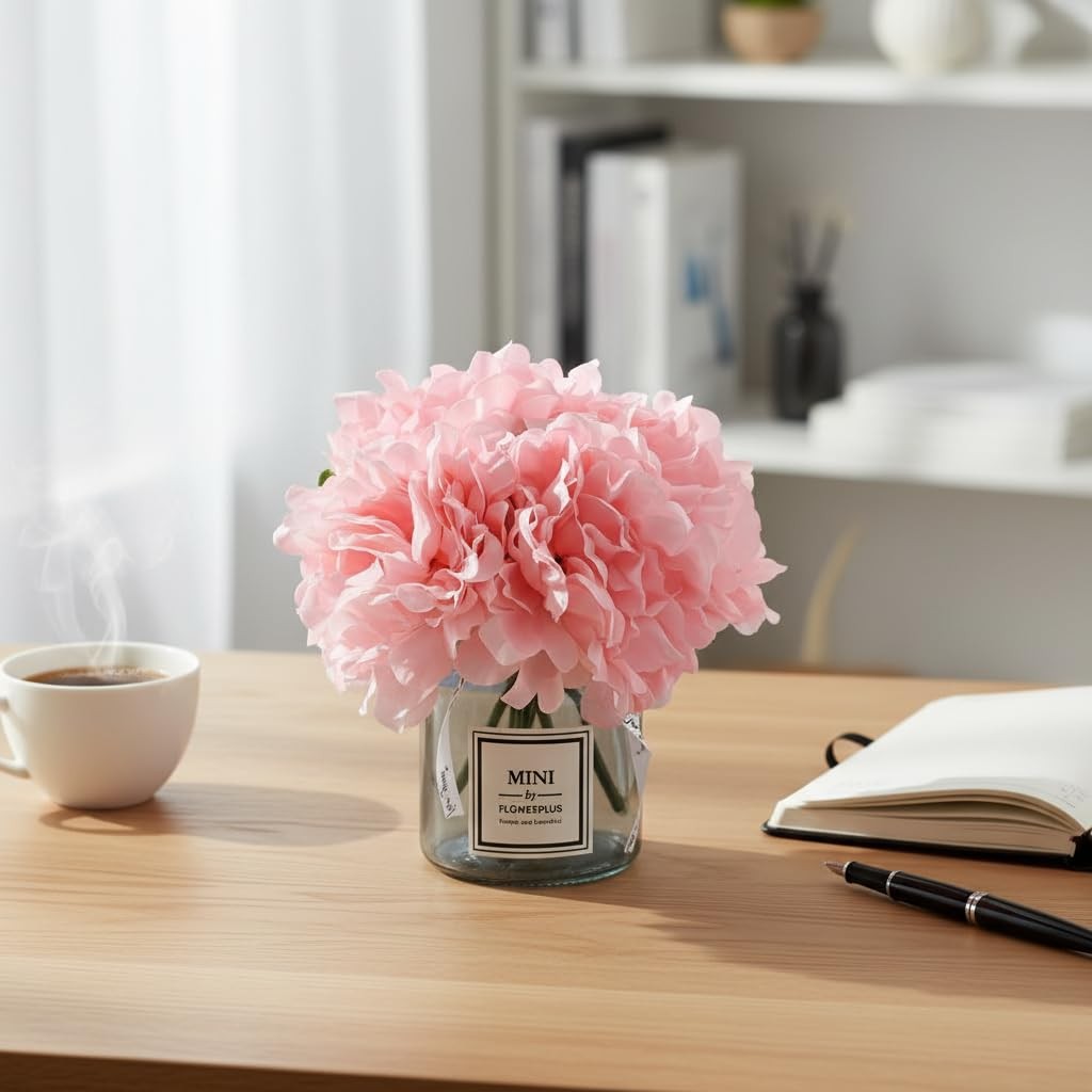 Faux Silk Peony Artificial Flowers Glass Vase Set Wedding Home Table Decor