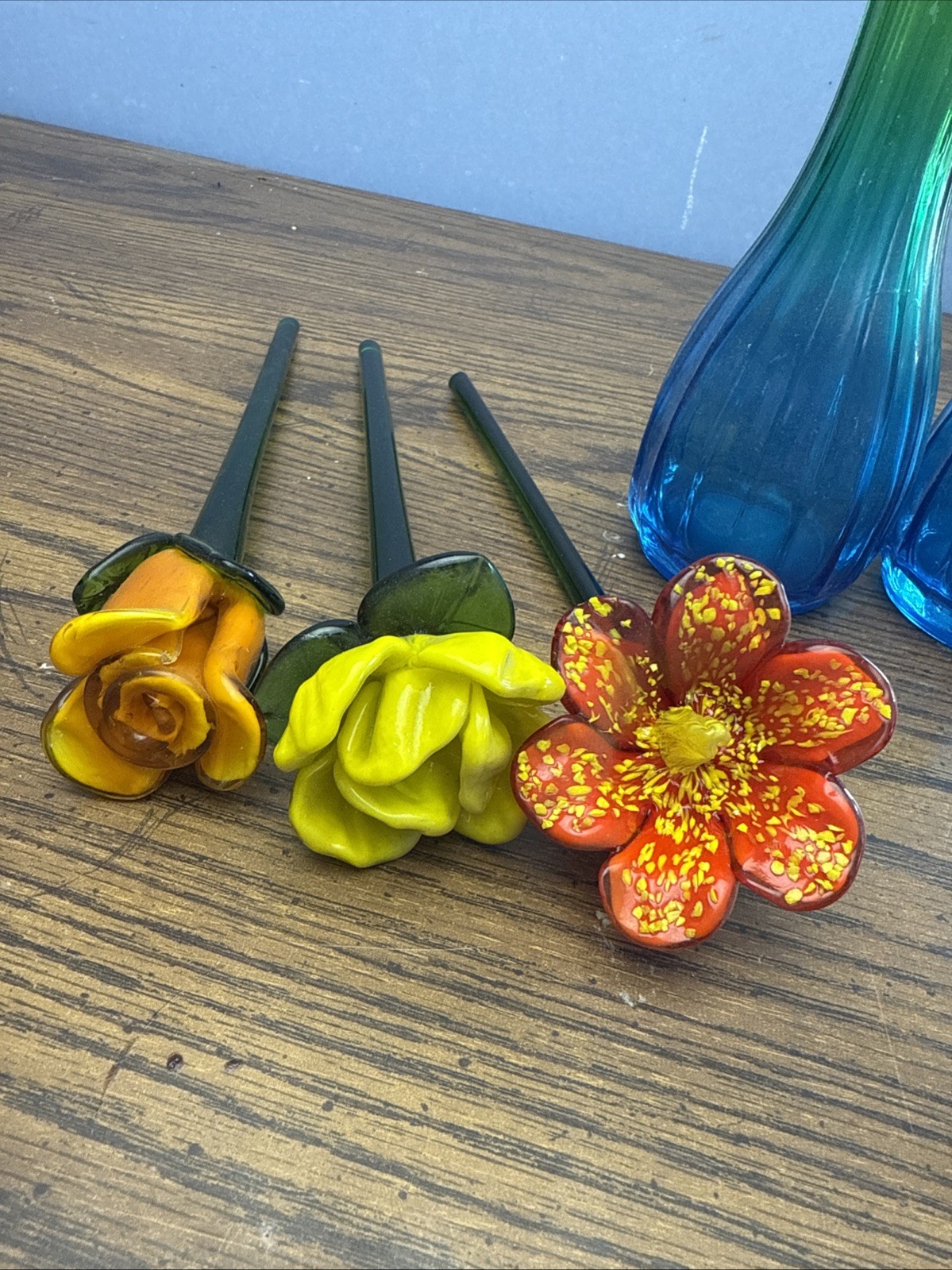 Vintage Art Glass Flower Stems & Blue Green Bud Vases Lot – Hand Blown Decor