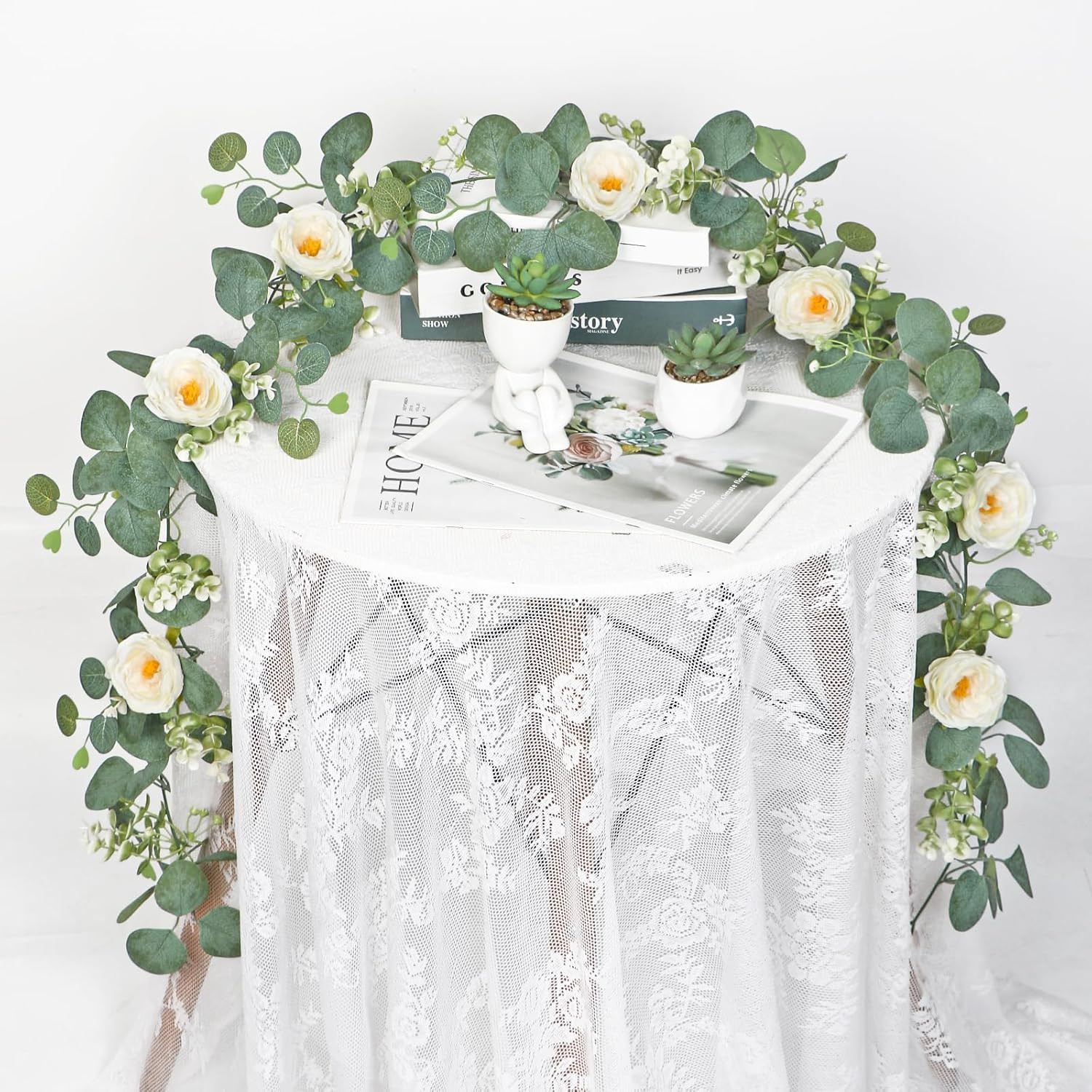 2 Pack 13Ft Artificial Eucalyptus Flower Garland with White Roses, Fake Rose Flo