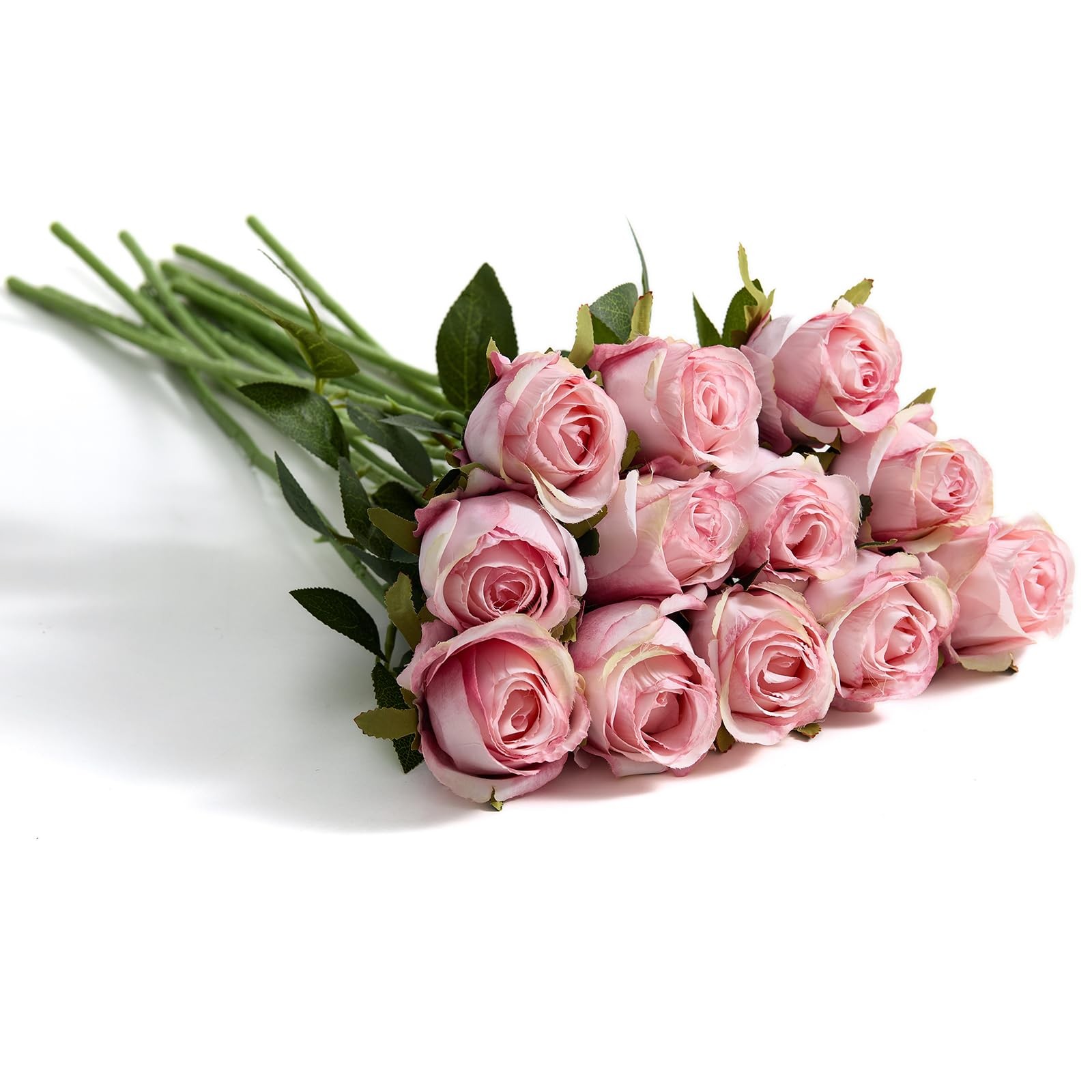 12 Pcs Light Pink Roses Artificial Flowers -20″ Silk Roses Bouquet,Fake Roses…