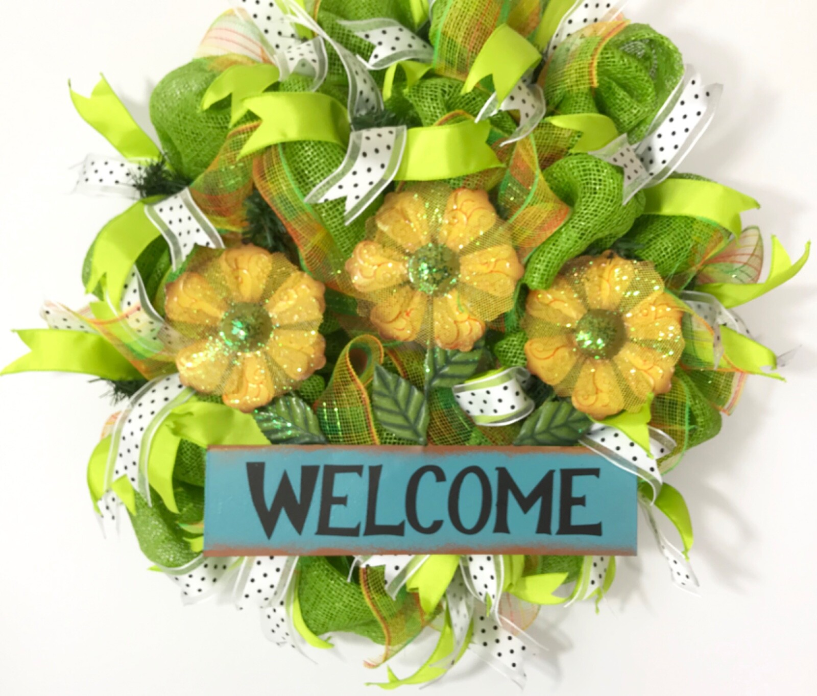SUMMER WREATH GREEN DECO MESH YELLOW DAISY FLOWERS METAL WELCOME SIGN RIBBONS