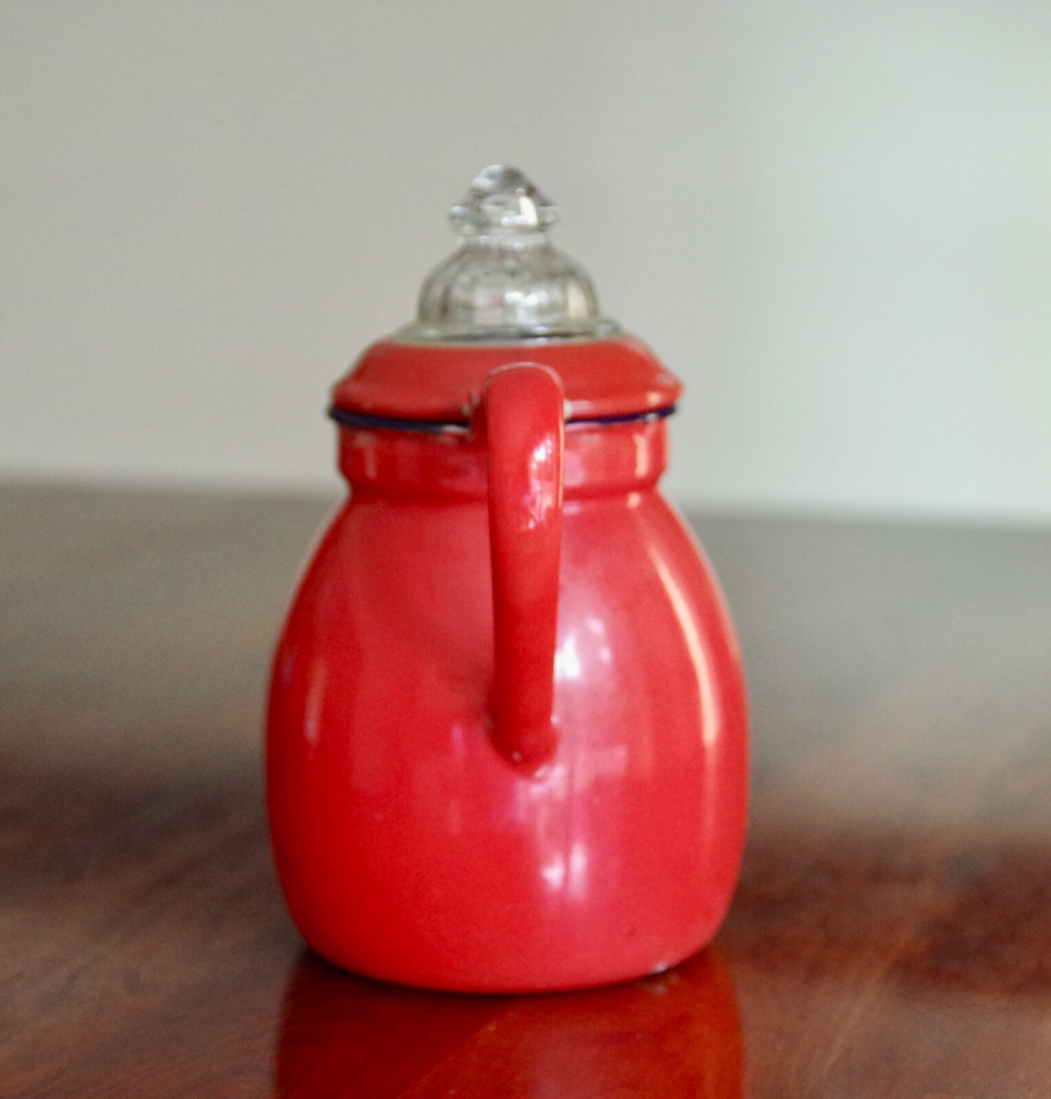 Silk Red, White and Purple Arrangement in Red Enamel Coffee Pot