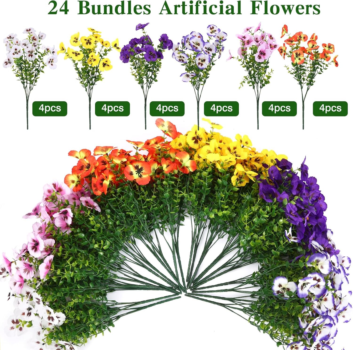 24 Pcs Artificial Pansies UV Resistant, Faux Outdoor Planter Decor