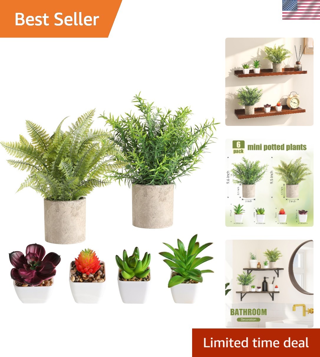 6-Count Mini Faux Plants Set – Succulents, Rosemary & Fern for Indoor Decor