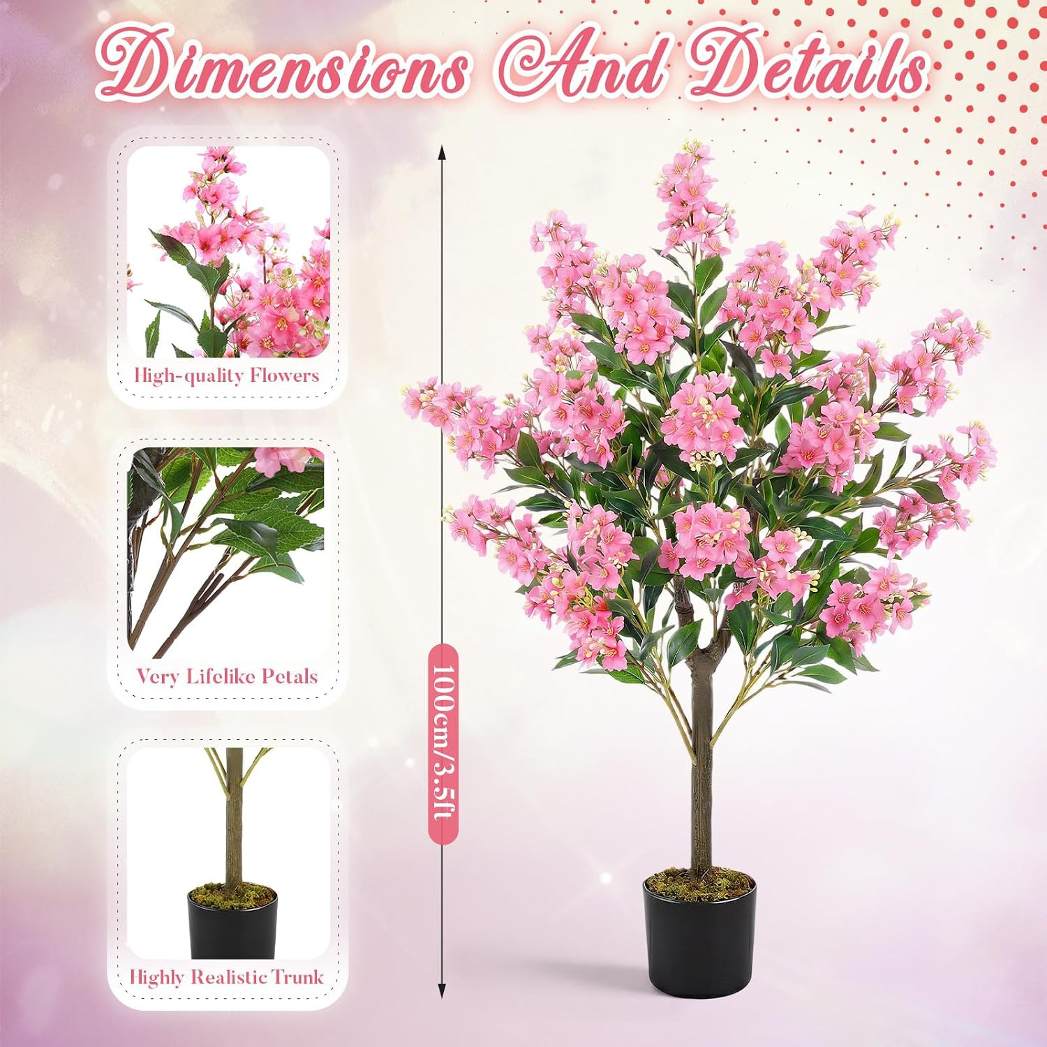1 Pack 3.5 Ft Artificial Pink Crape Myrtle Tree Plant, 42 Inch Faux Blooming Lag