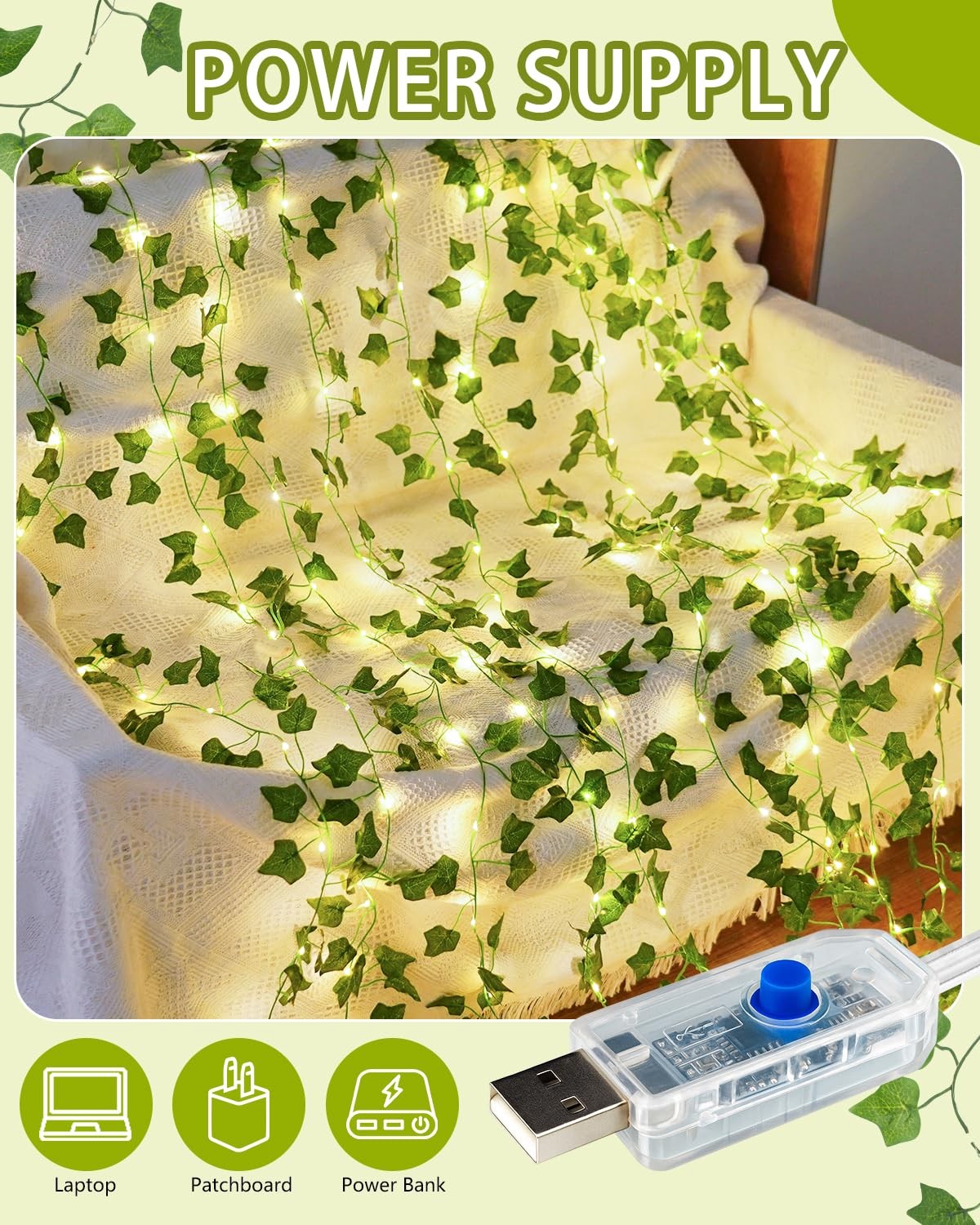 Vines with Fairy Lights for Bedroom – 200 Ivy Curtain Wall Vines for Wedding,…