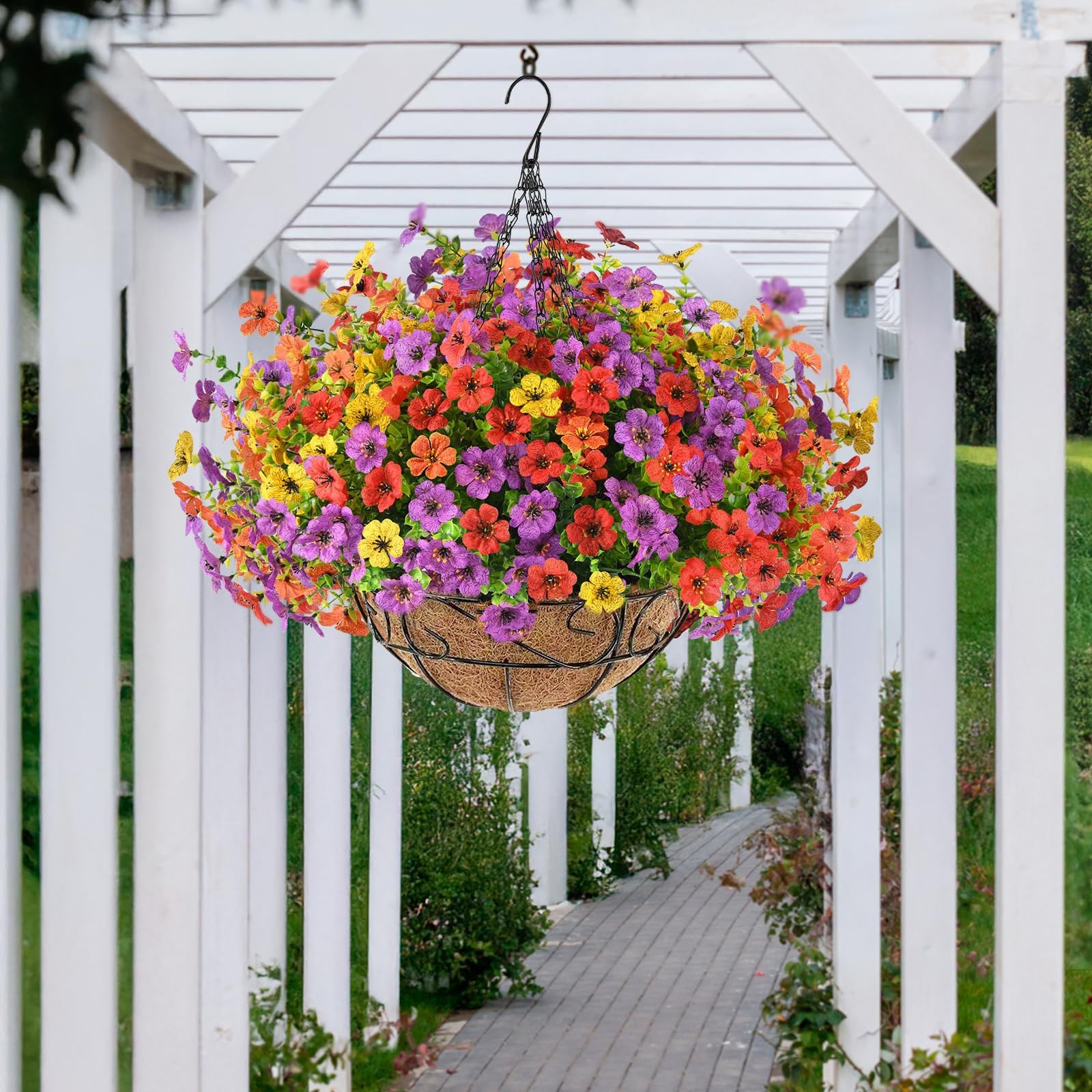 Artificial Faux Hanging Plants Flowers with Basket for Outdoor Outside Decora…