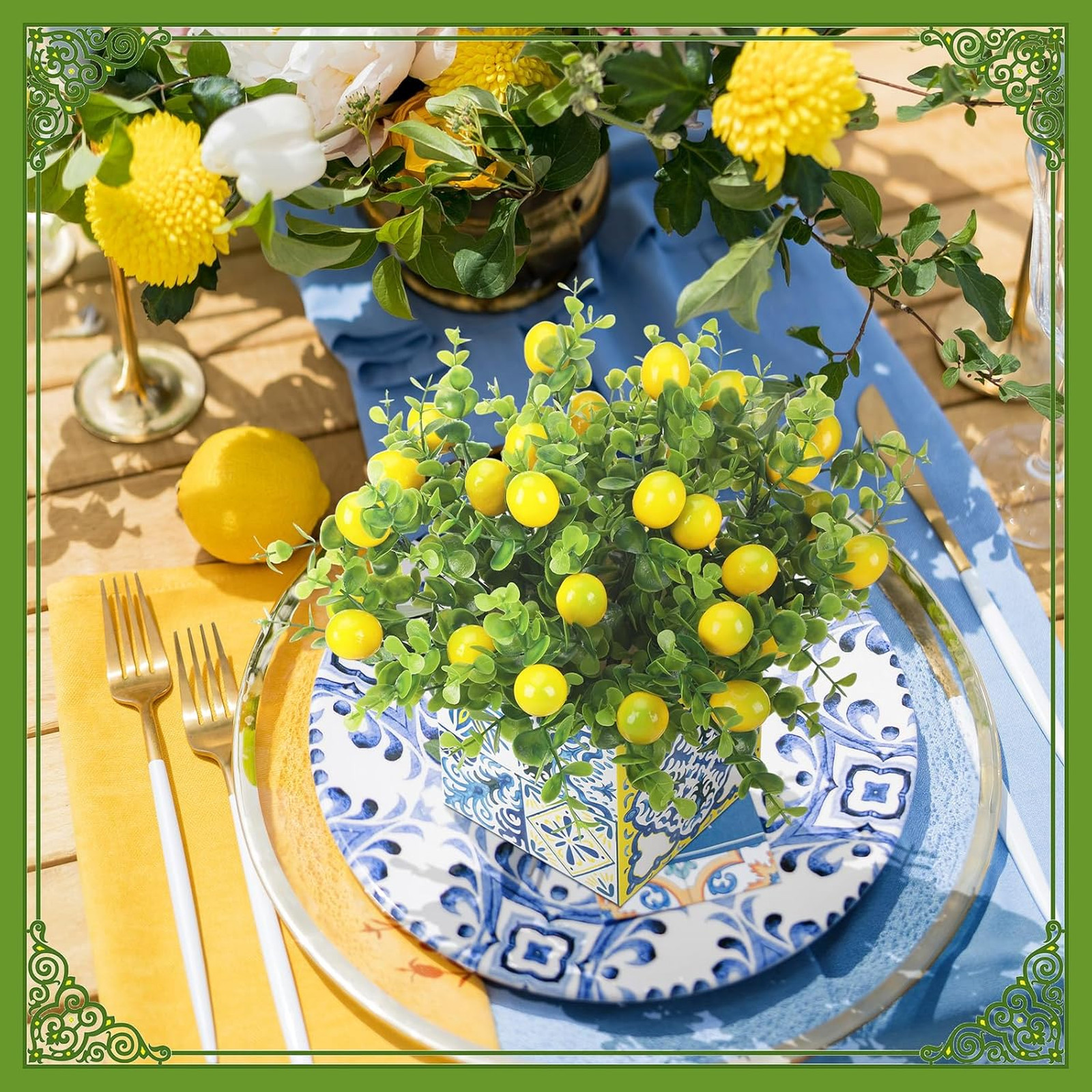 Blue Tiles Lemon Table Centerpiece Decor 8 Sets Artificial Lemon Branches for