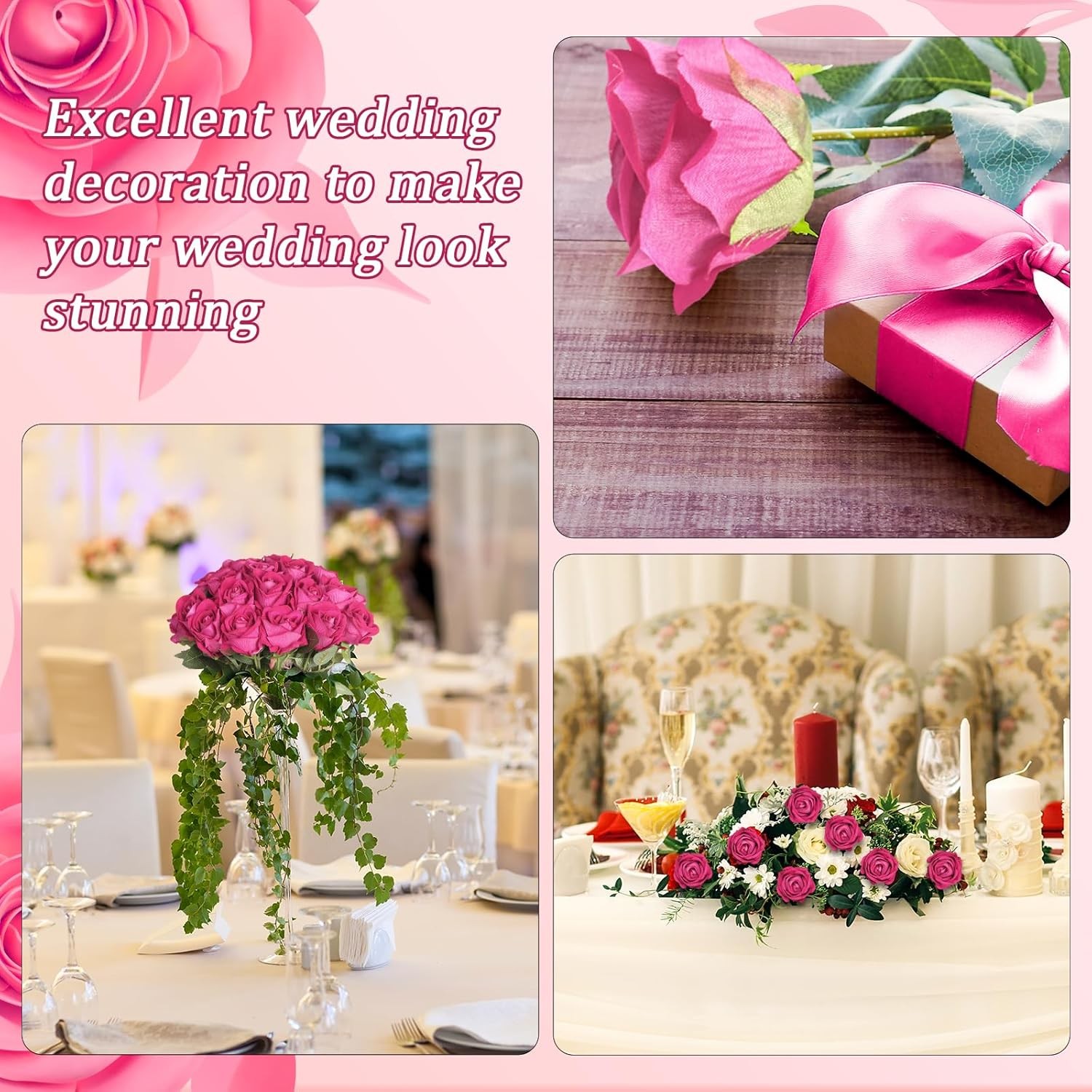90pcs Fake Hot Pink Roses Artificial Flowers Bulk Realistic Silk Faux Rose with