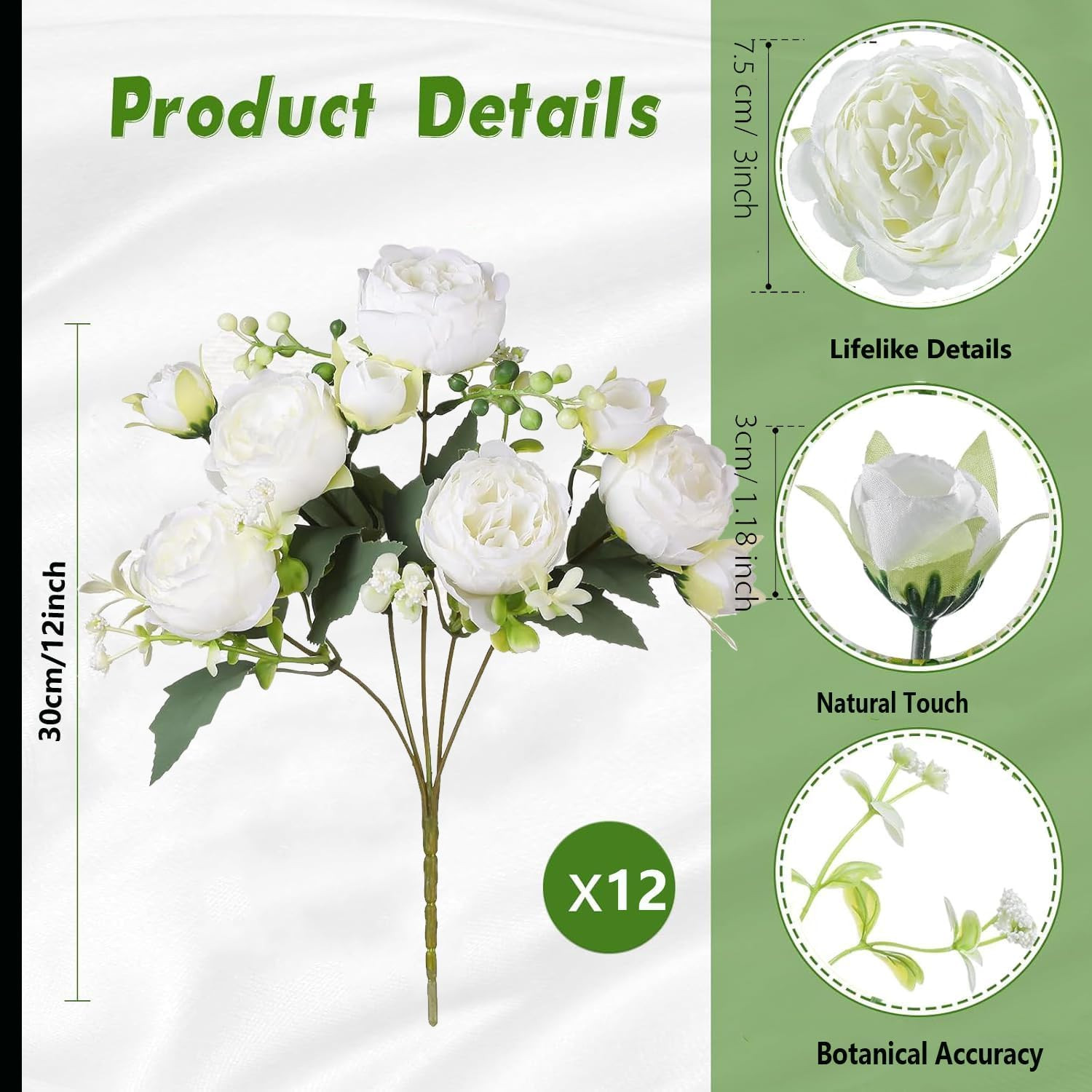 12 Bundles Peonies Artificial White Flowers Bouquet, Lifelike Silk Fake Peonies