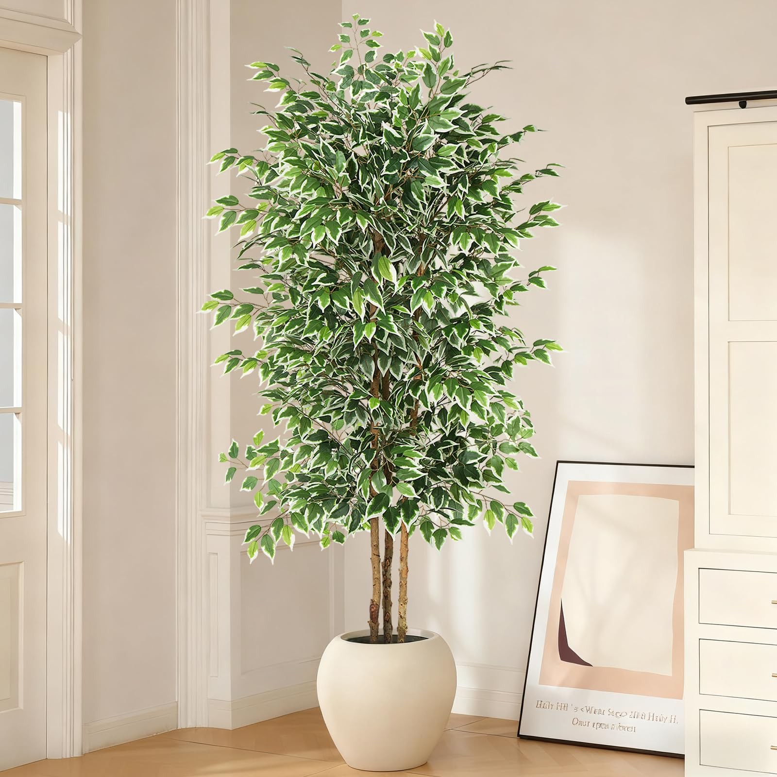 7ft Large Ficus Artificial Tree with Natural Trunk, 84″ Tall Faux Tree for Ho…
