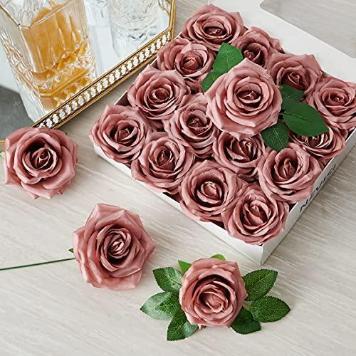 NEVISI Dusty Rose Artificial Flowers Fake Roses Silk Roses 16Pcs Real Looking