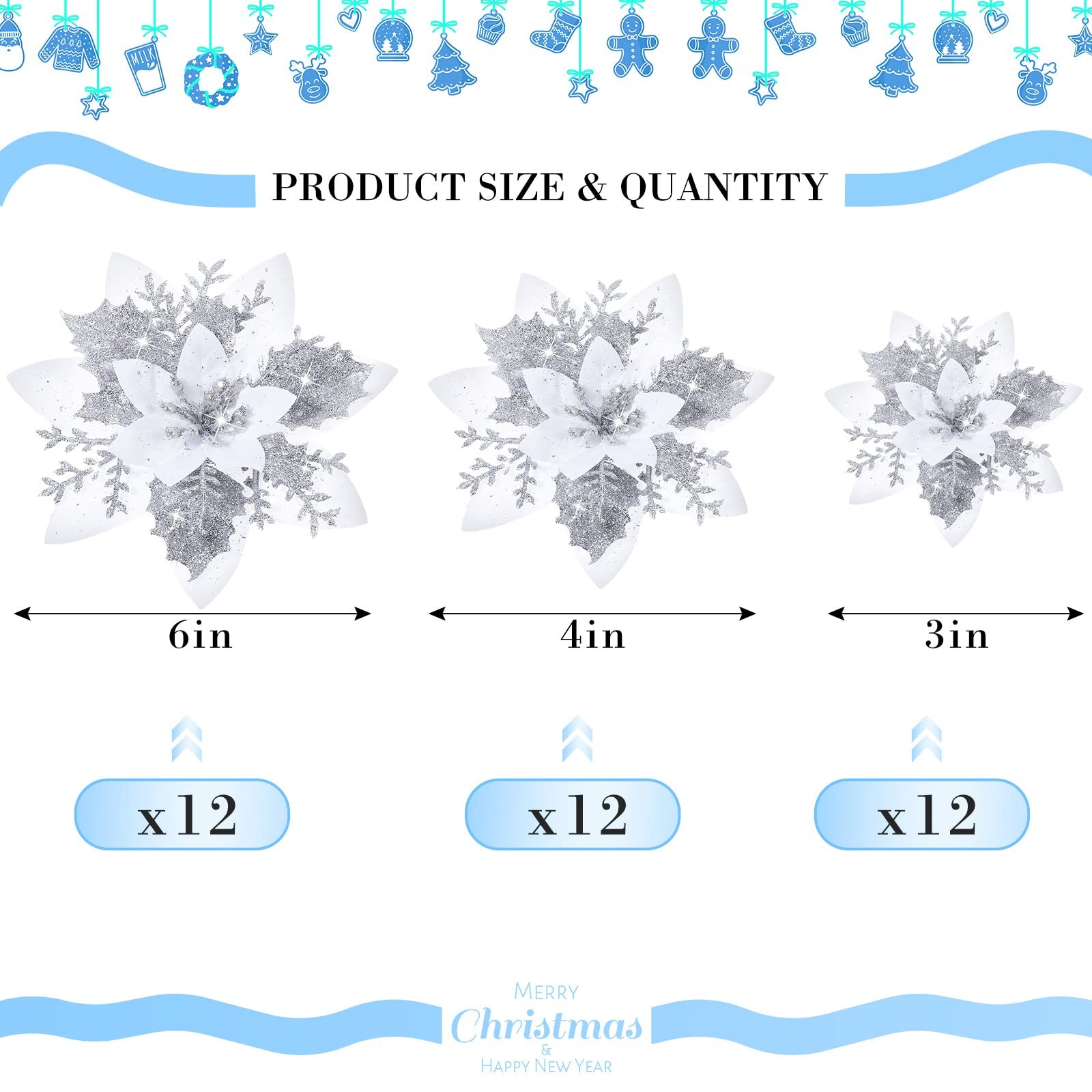 36 PCS Silver White Christmas Glitter Artificial Poinsettia Flowers 3 Sizes