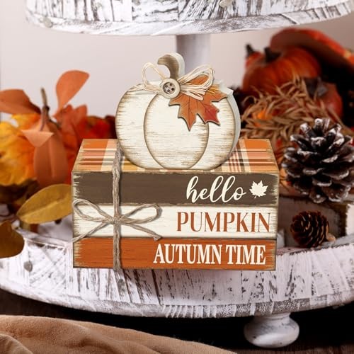 4 Pcs Tiered Tray Decorations Thanksgiving Wooden Pumpkin and Maple Leaf Fall