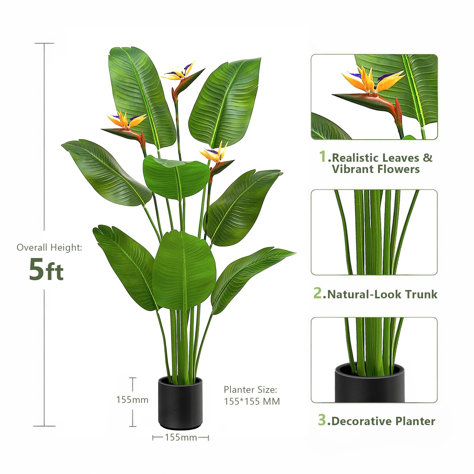 Zyfera 5FT Artificial Bird of Paradise Plant with Flowers, Tall Tropical Fake…