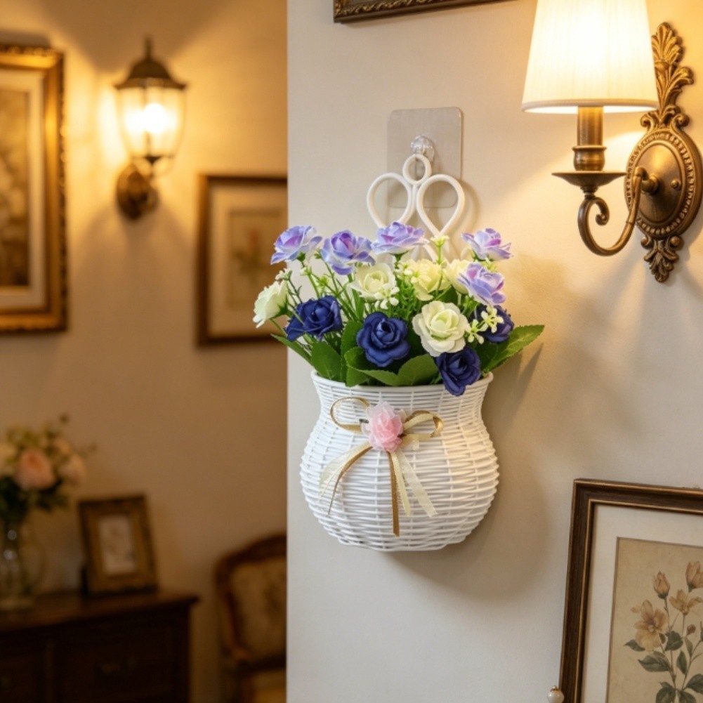 Wall Mounted Artificial Flower Basket with Hook for Home Garden Restaurant