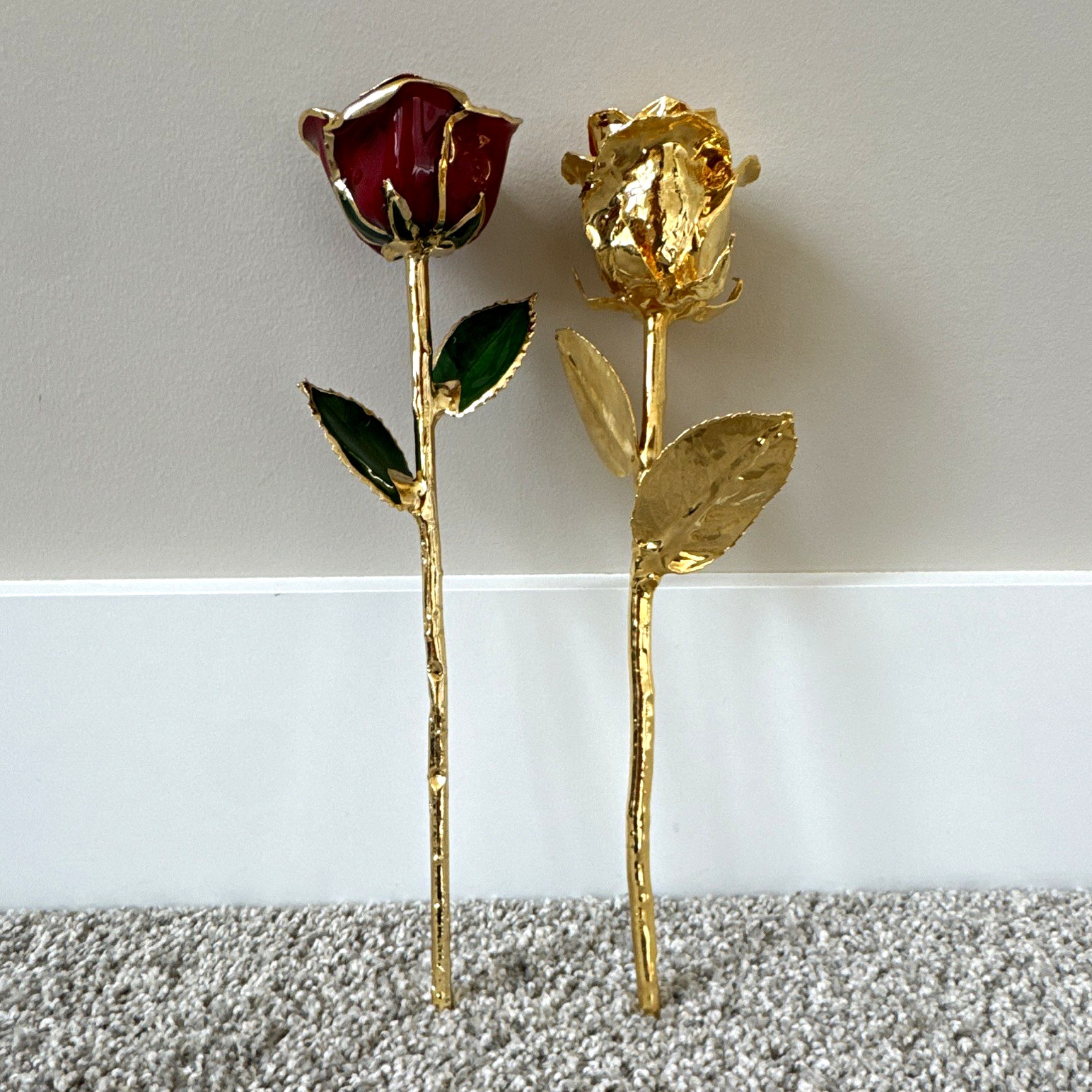 Gold Plated Artificial Rose Flower Stem Wall Decor 2pc Gold Red Green Floral