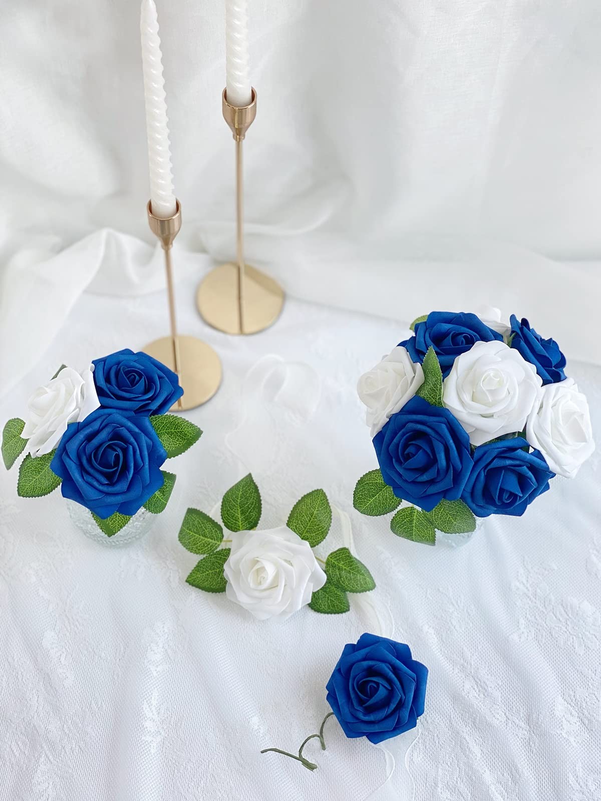 25 PCS Navy Blue White Fake Rose Artificial Flowers For DIY Wedding Decor