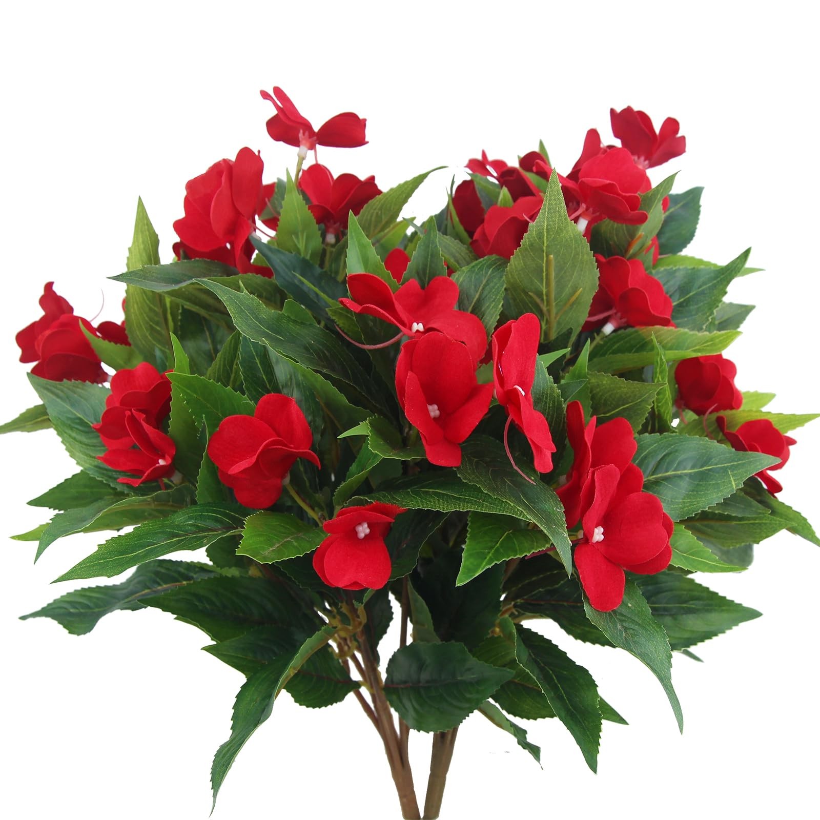 2Pcs Artificial Red Impatien Flowers Outdoor Silk Faux Bush Planter Basket Porch