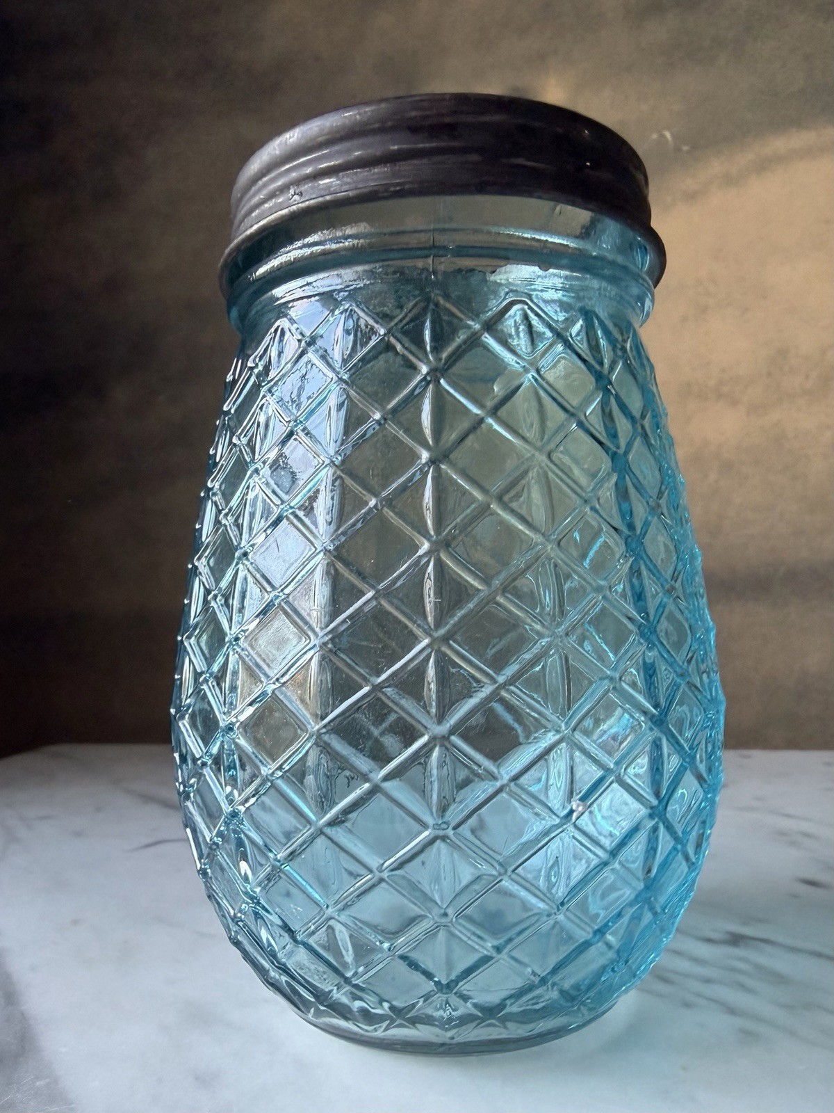 Vintage Style Blue Glass Flower Jar with Galvanized Floral Grid Lid, 5.4″