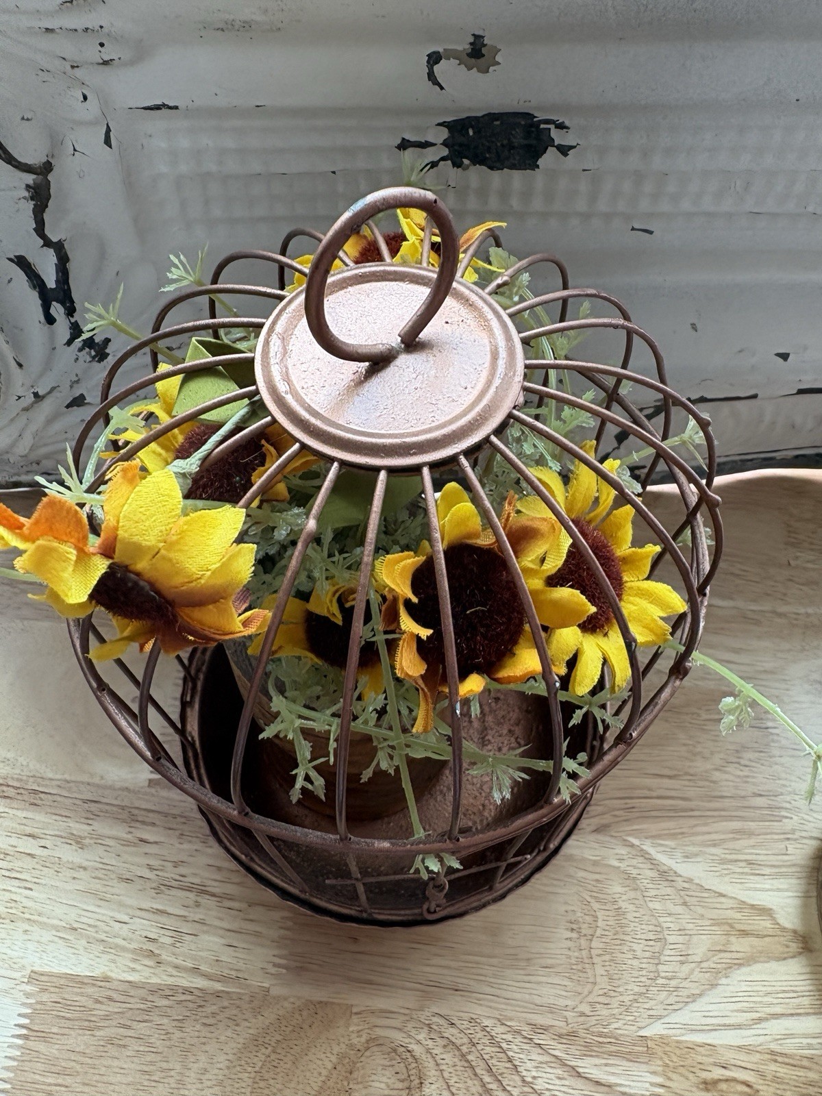 Decorative metal bird cage with wooden pedestal and faux florals #B5