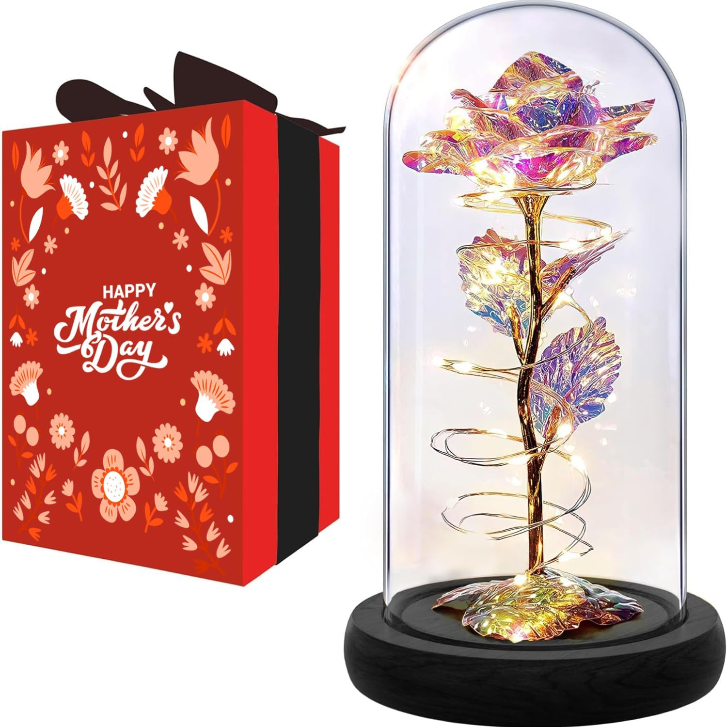 Galaxy Rose Flower Gift for Mom – LED Light Glass Flower with Timer