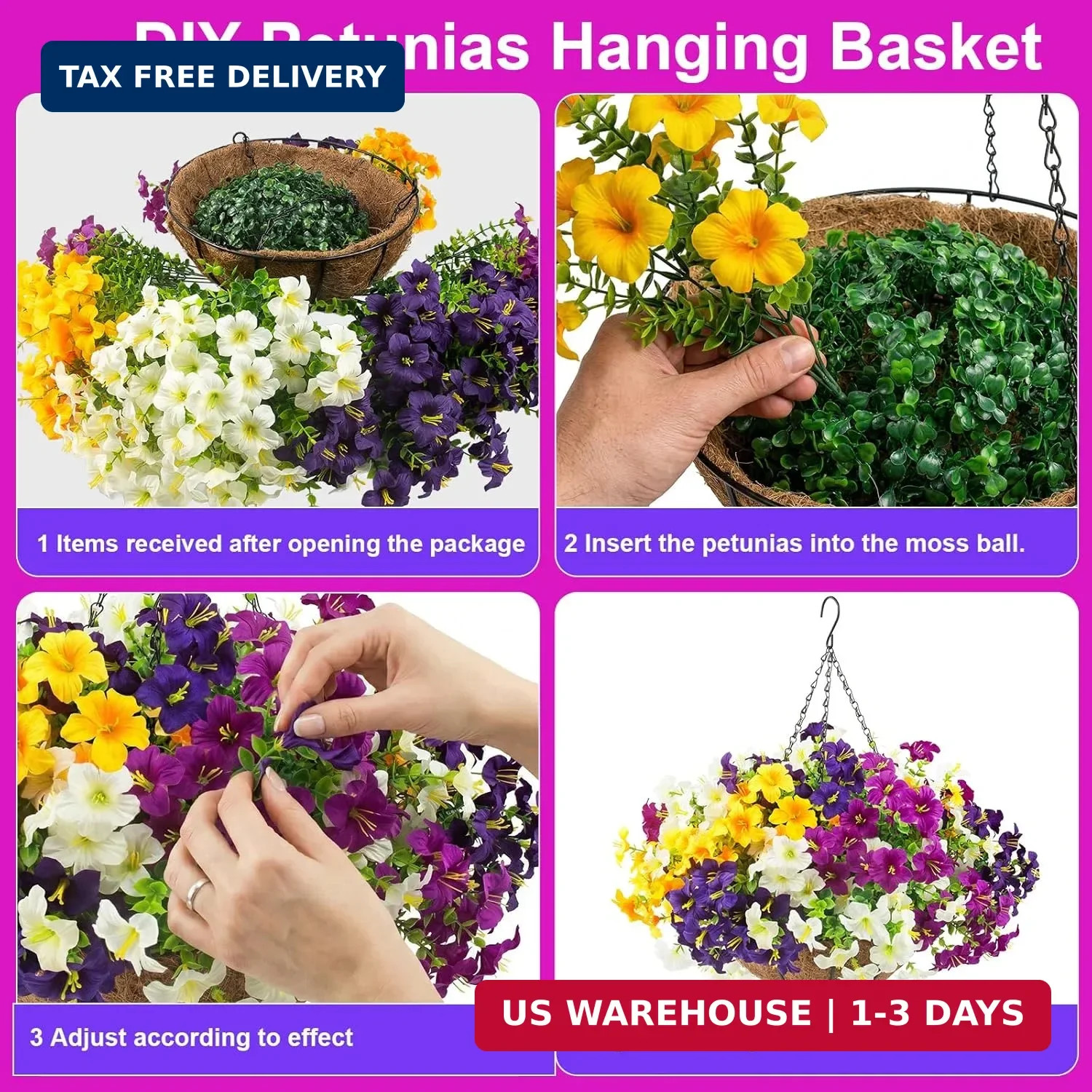 2 Set Artificial Outdoor Flowers with Hanging Baskets,24 Pcs UV Resistant Faux P