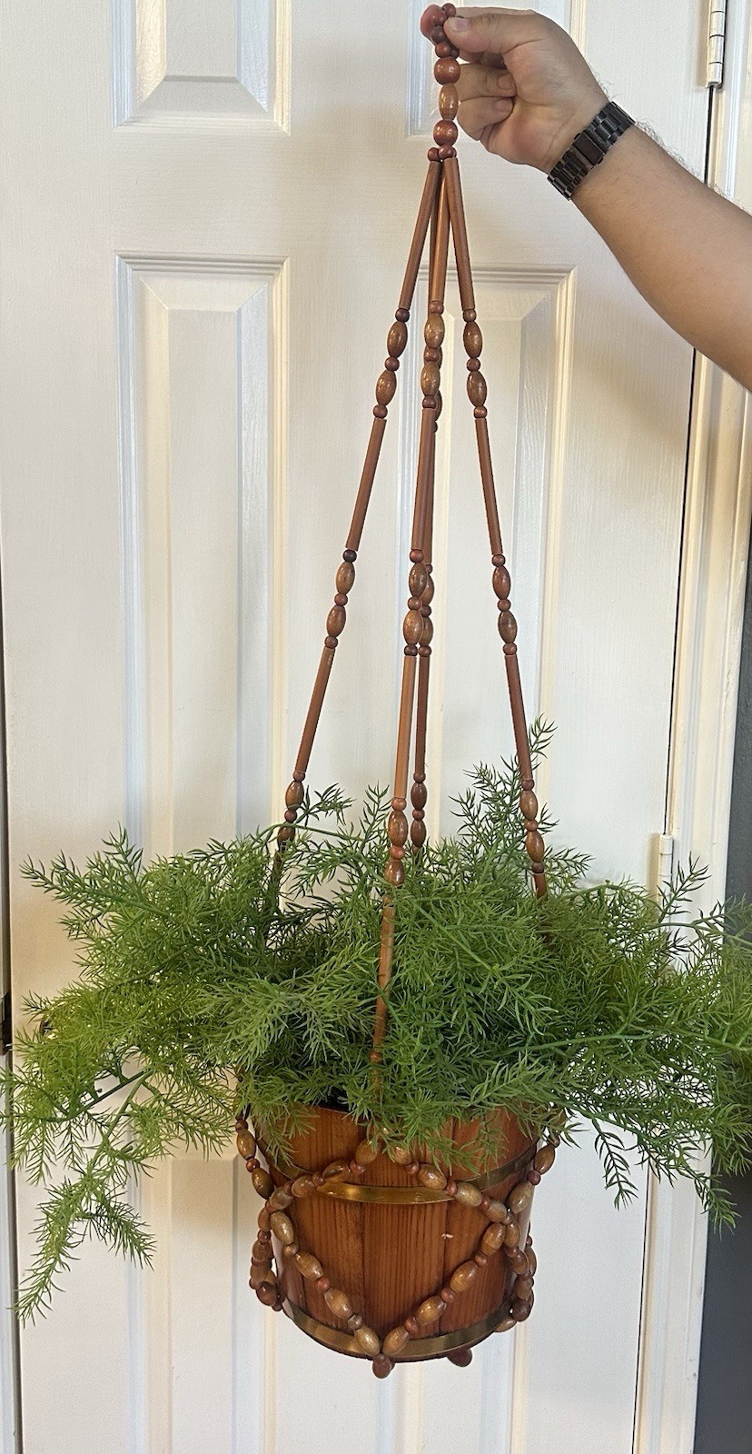 Vintage MCM 70’s Gorgeous Faux Fern Hanging Plant with Wooden Macrame Basket