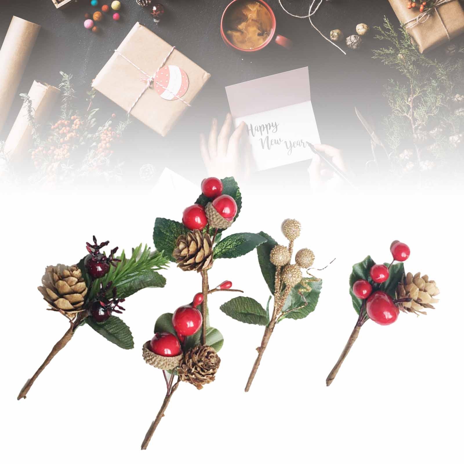 Artificial Flowers Red Berries Pine Cones For Gift Package Plastic Dried Flower