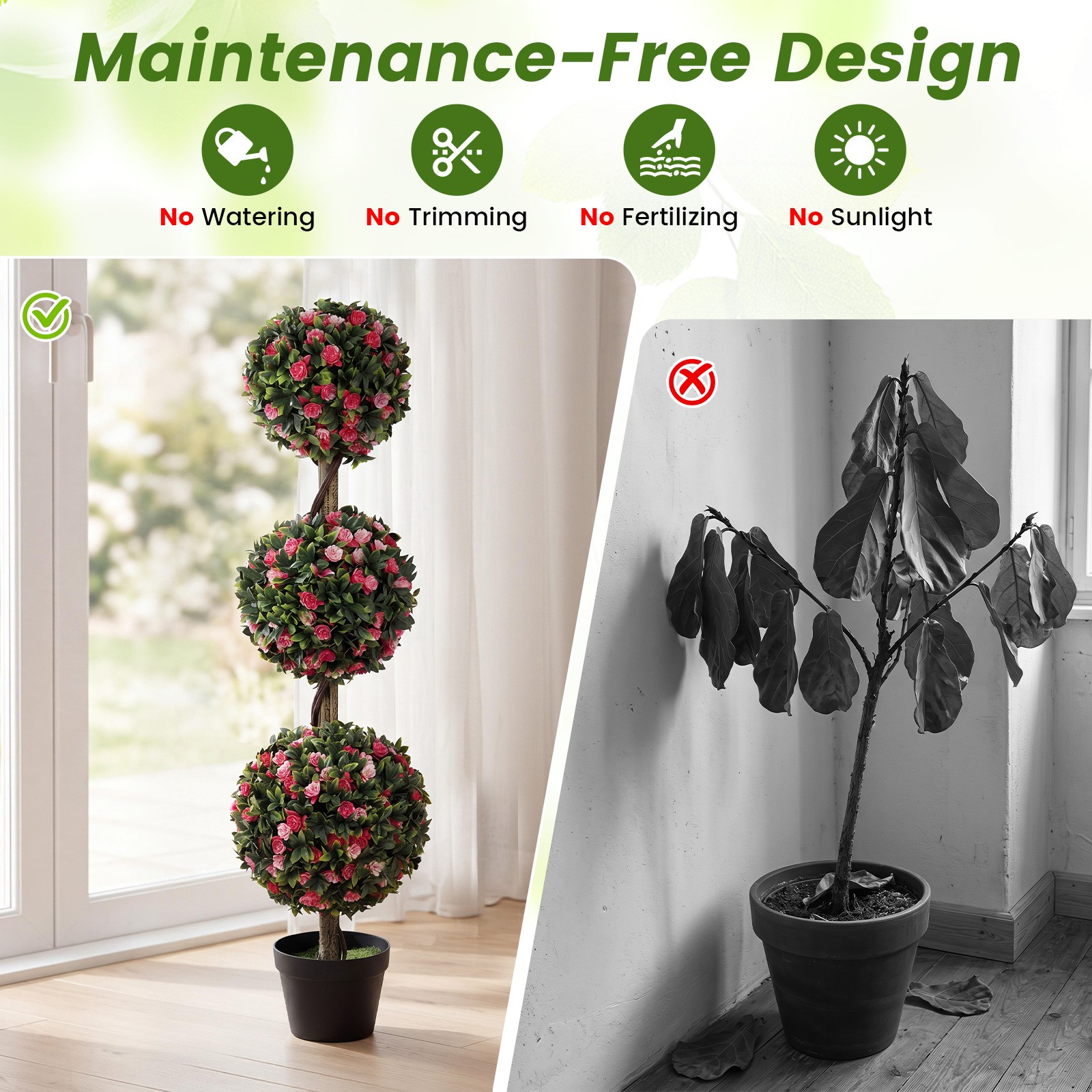 2PCS Artificial Triple Ball Rose Topiary Tree w/Lifelike Blooms & Green Leaves