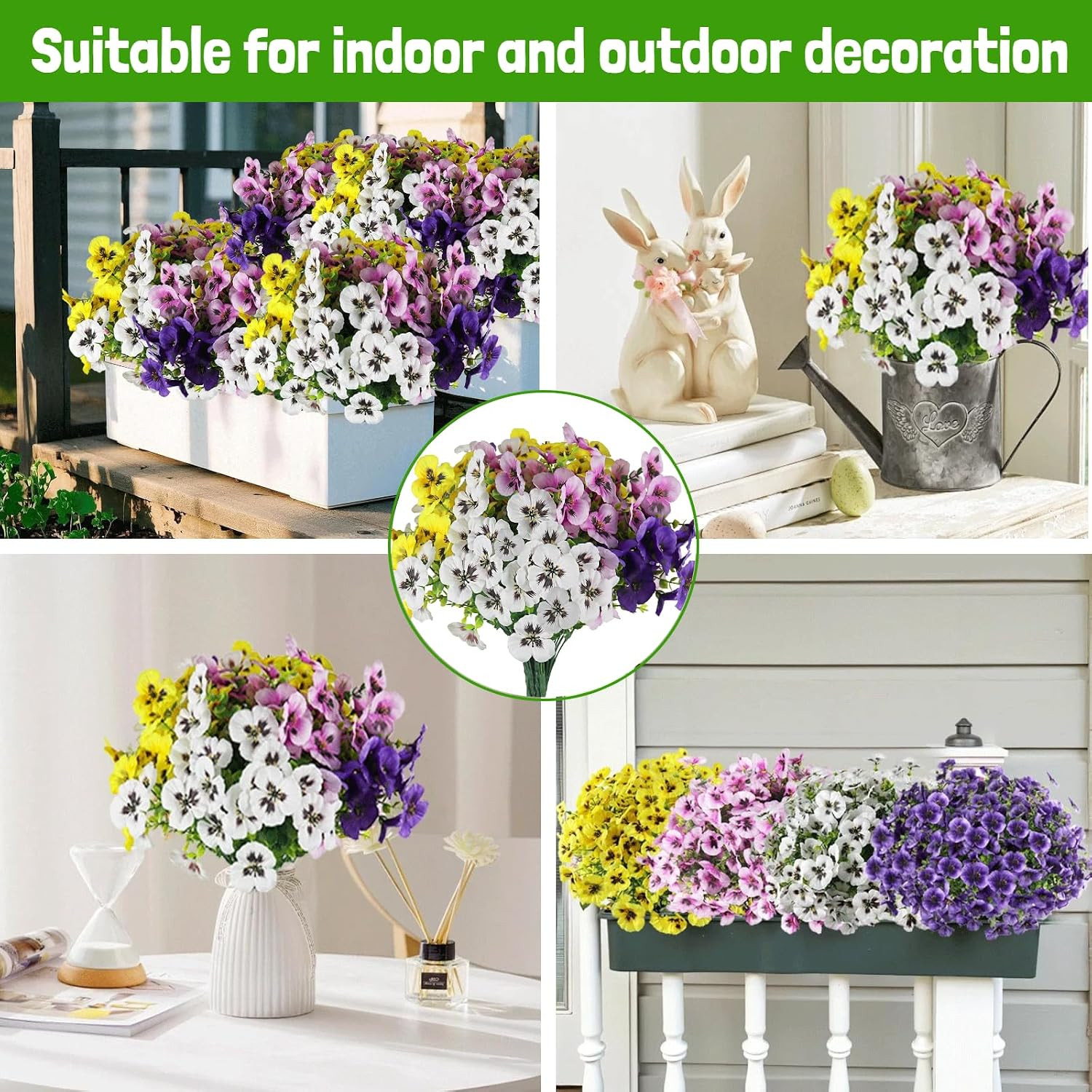 Artificial Fake Pansy Flowers for Outdoor, UV Resistant Faux Silk Pansies Spring