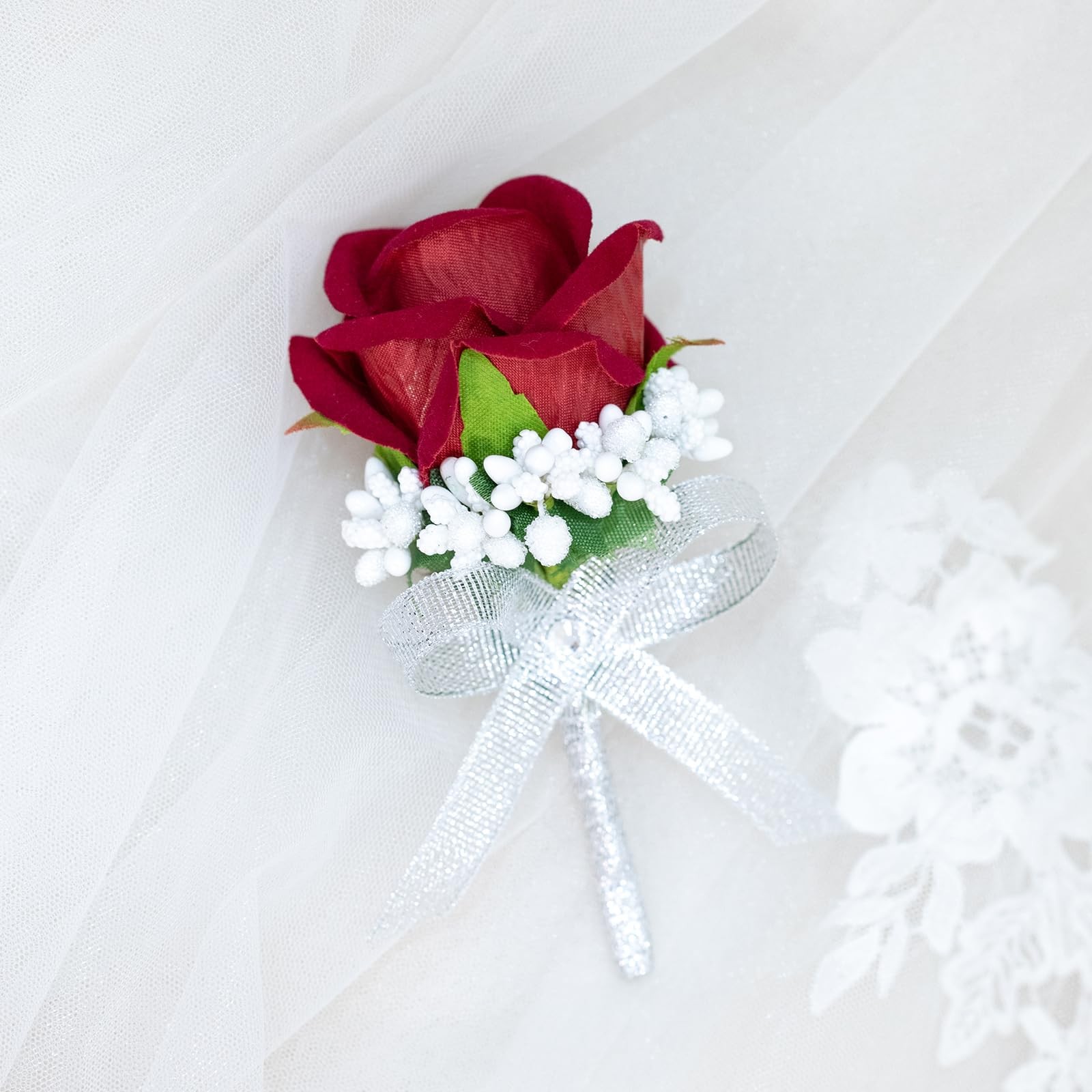 2 PCS Red Artificial Rose Corsage Wristlet Men Boutonniere Set Prom Suit