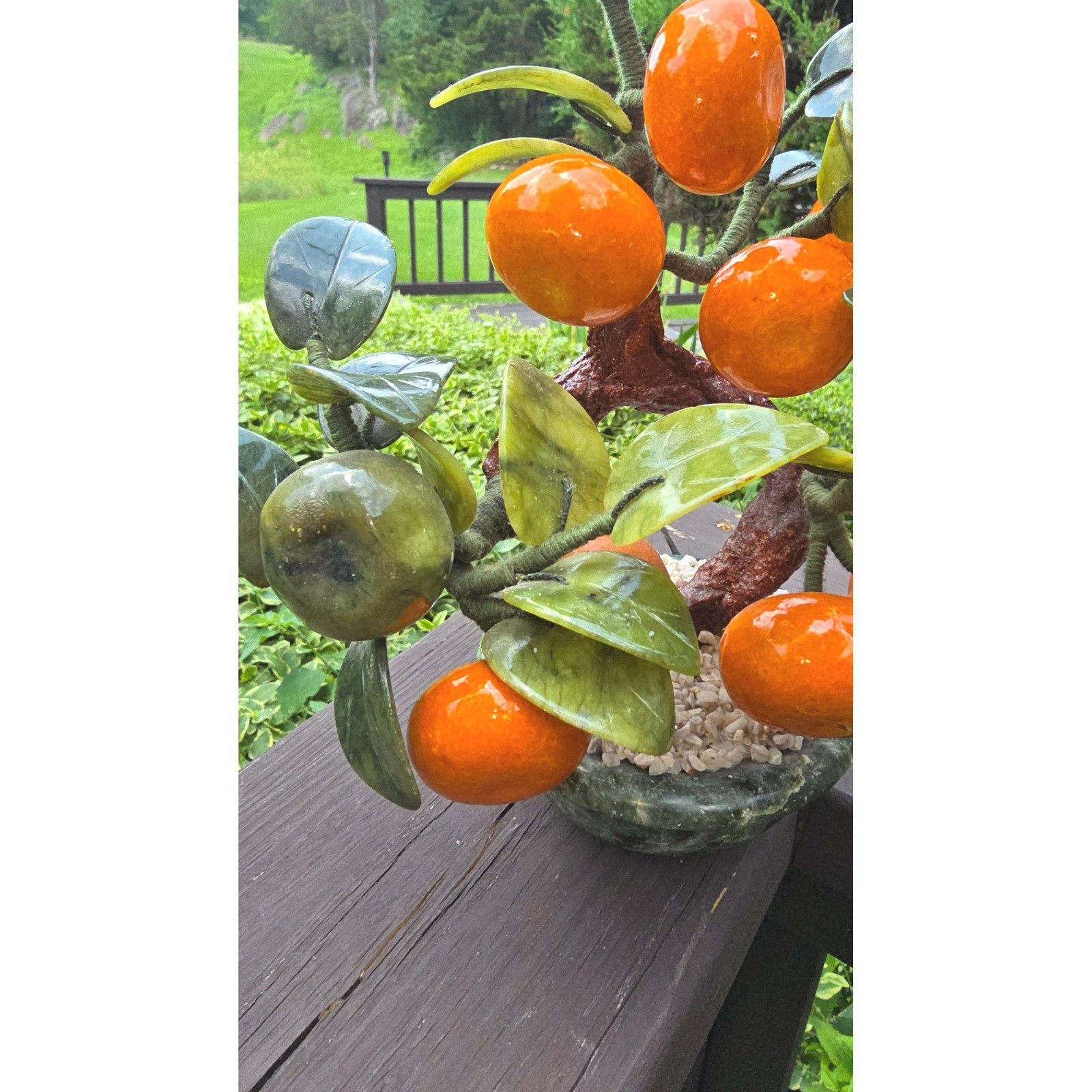 Vintage Chinese Glass Jade Agate Orange Persimmon Bonsai Tree Carved Pot
