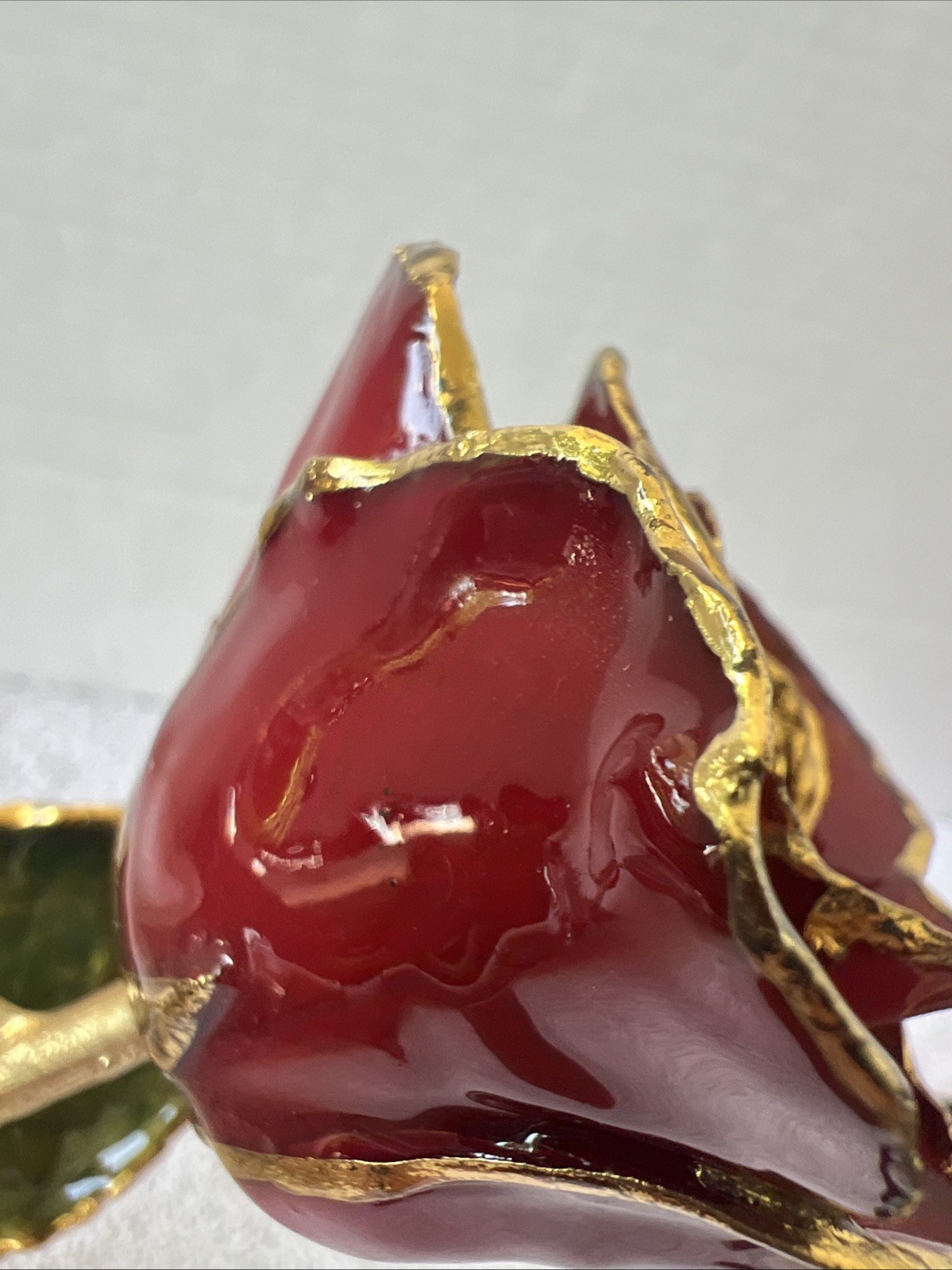 Handcrafted Preserved Red Rose Gloss Laquered With 24K Gold Plated Trimmed