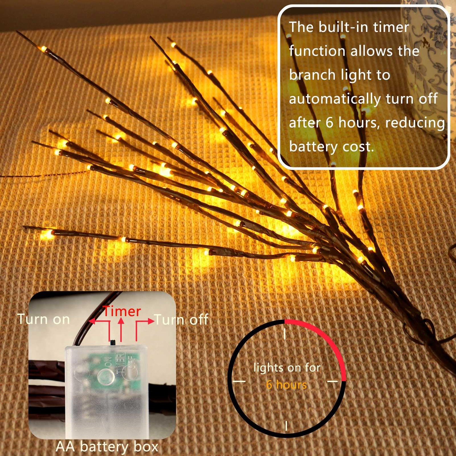 3 PCS 30 Inch 60 LED Orange Lighted Willow Branches Fairy Lights Home Party