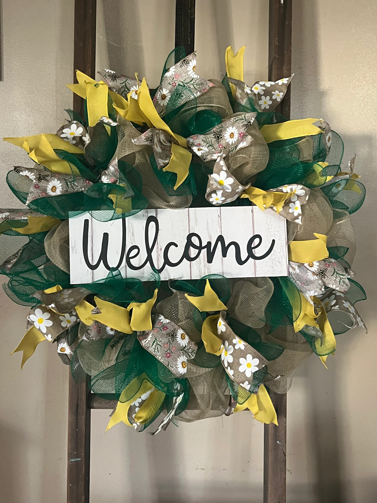 Deco Mesh Wreath| Welcome Front Door Wreath| Home decor | Green and yellow