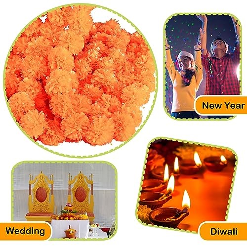 15 Pack Marigold Garland for Decoration 5 ft Long Strands Faux Orange Red