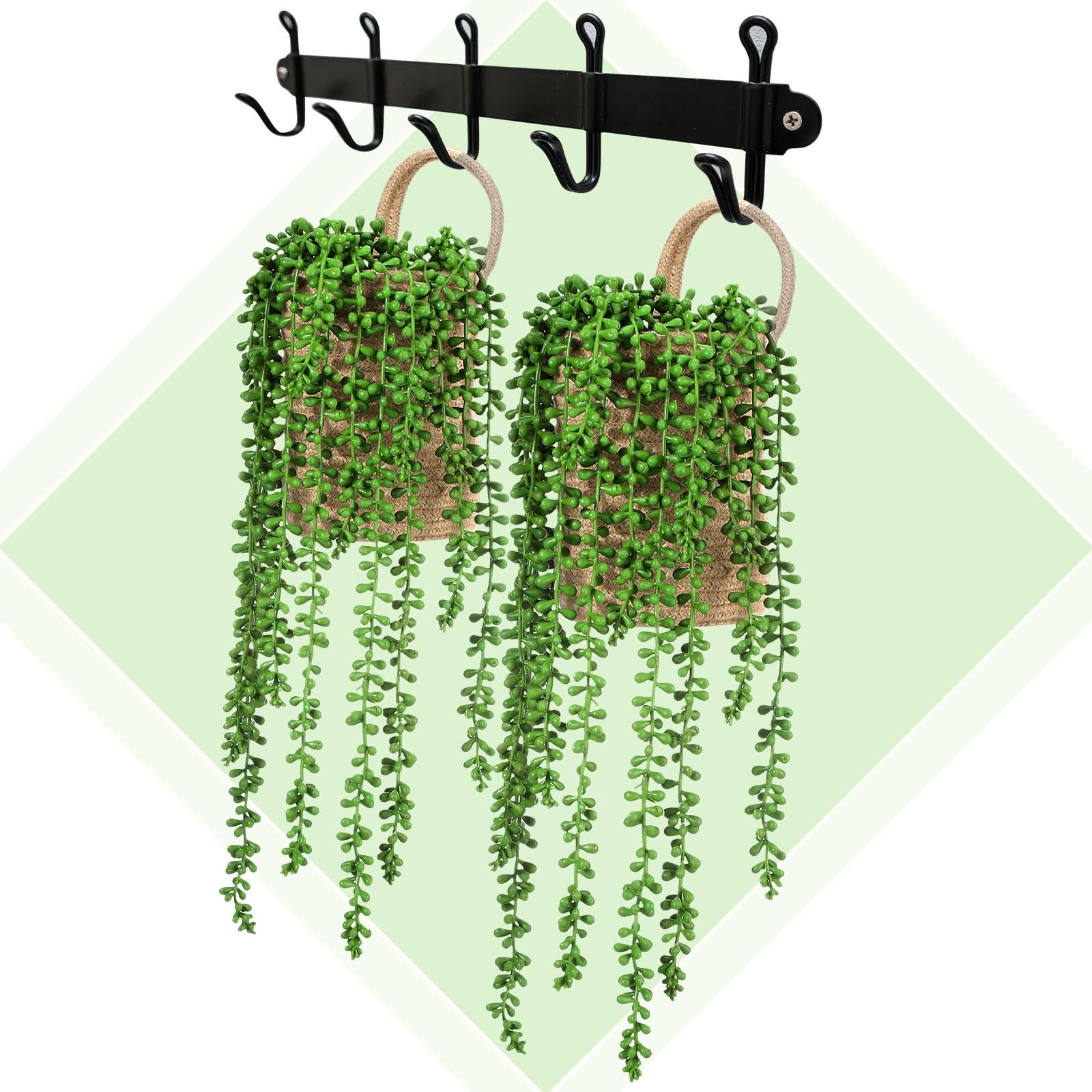2 Pack Wall Hanging Rope Baskets with 4 Pcs Faux Strings of Pearls Plant Jute…
