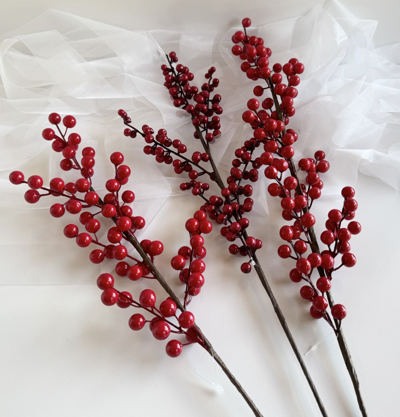 Christmas Red Berry Stems Xmas Decoration Faux Silk Red Berries Festive Florals