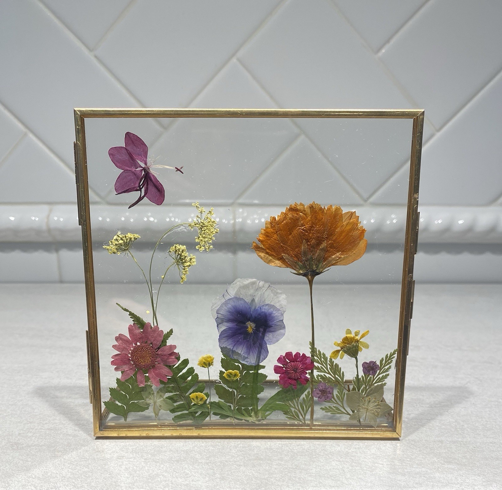 Pressed Dried Real Flowers In Double Glass Floating Brass Frame