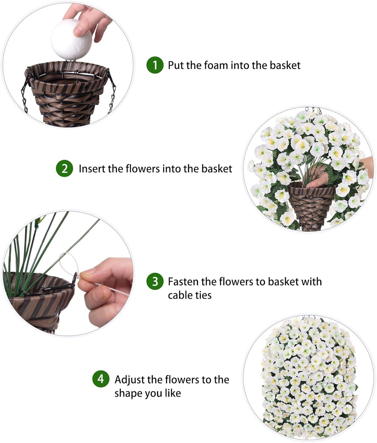 Indoor Outdoor Artificial White Morning Glory Flowers in Stylish Hanging Basket