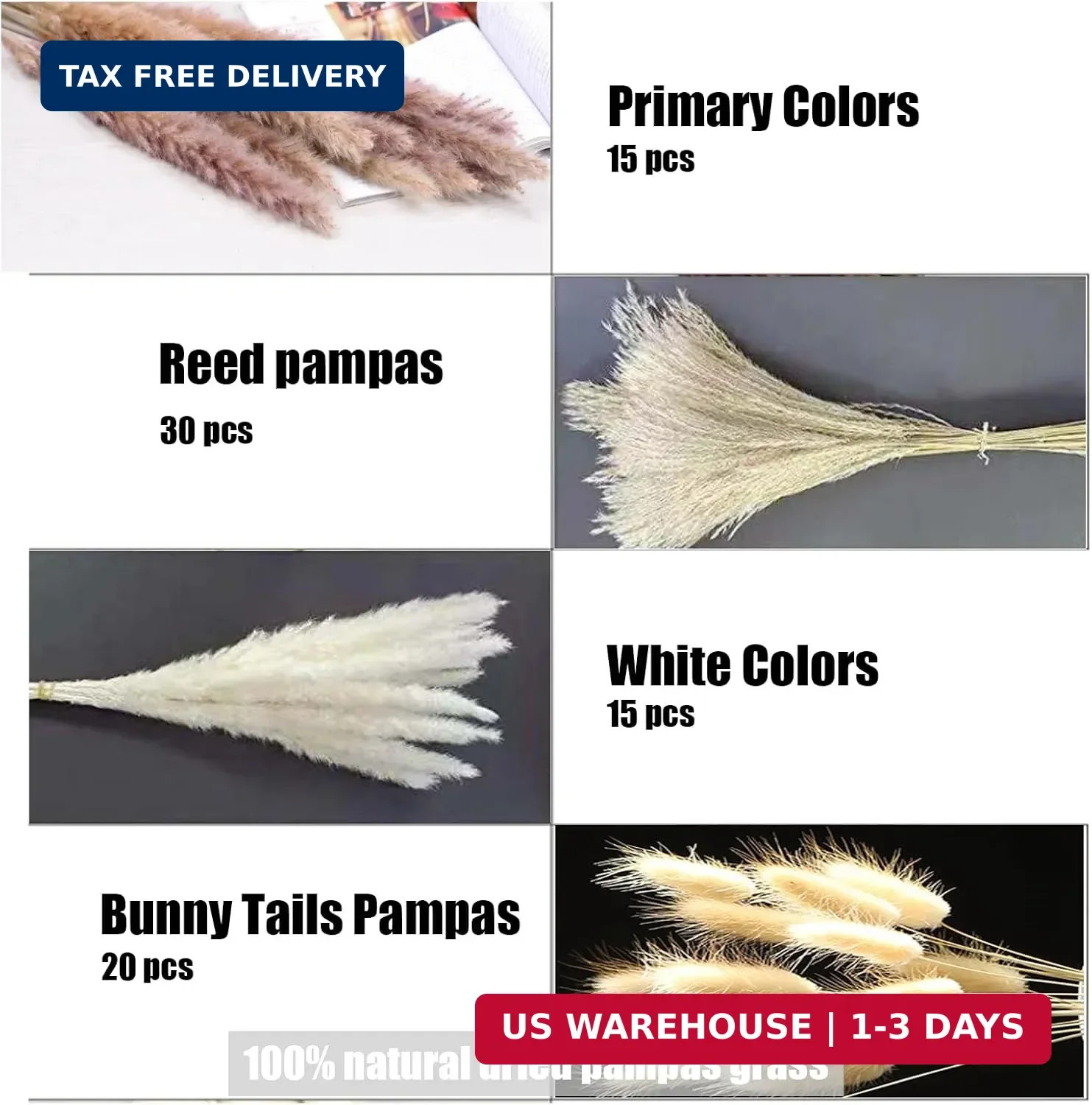 Pampas Grass Decor 110 pcs 17.5inch Natural Dried Pampas Grass-15Pcs White Pampa